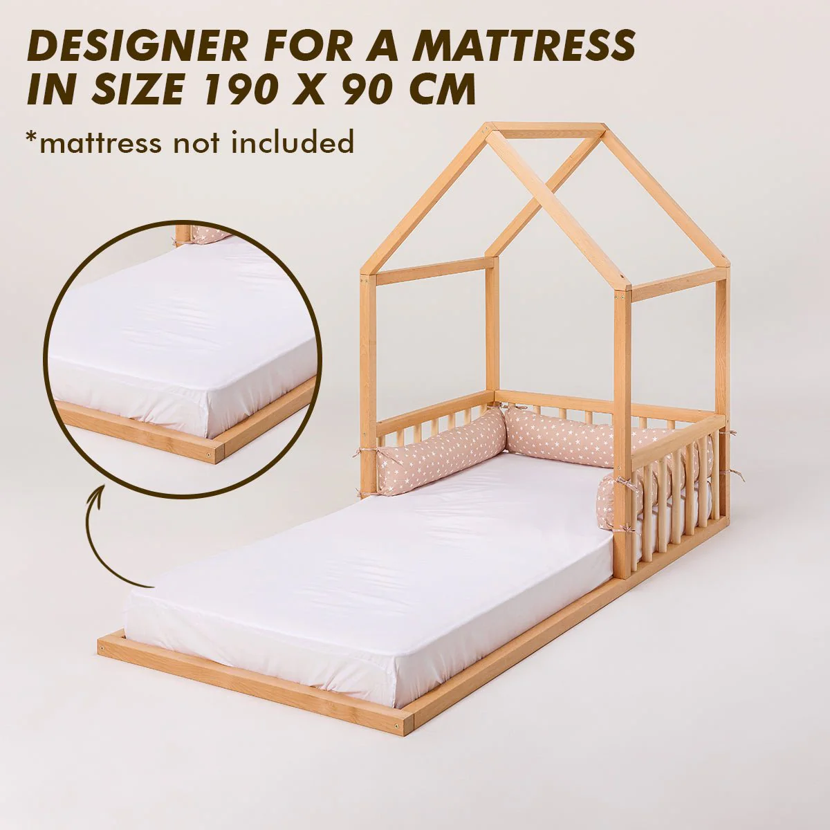 Wooden Montessori House Floor Bed with Fence and Roof for Kids (190x90 cm) - Image 3