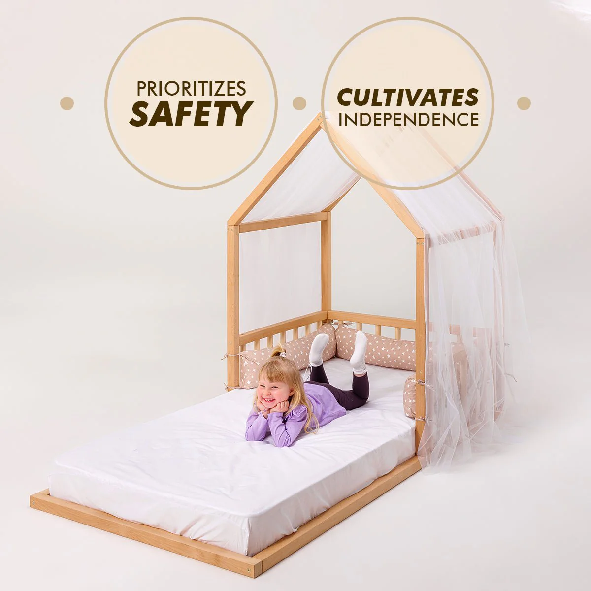 Wooden Montessori House Floor Bed with Fence and Roof for Kids (190x90 cm) - Image 7