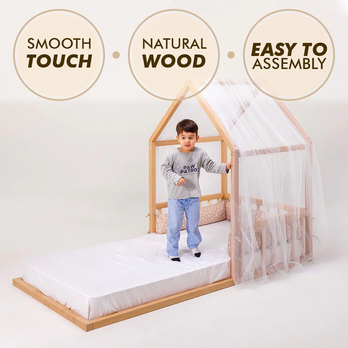 Wooden Montessori House Floor Bed with Fence and Roof for Kids (190x90 cm) - Image 9