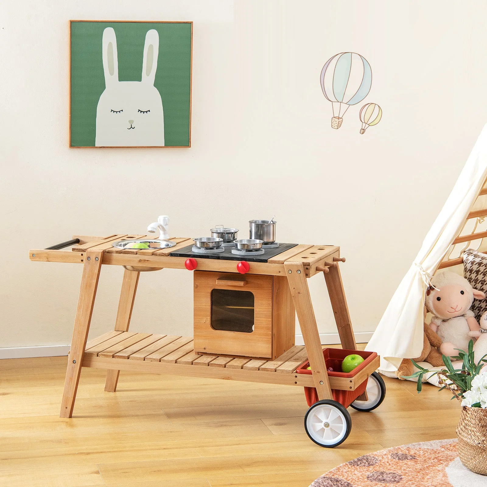 Wooden Play Cart with Sun Proof Umbrella for Toddlers Over 3 Years Old-Blue - Image 2