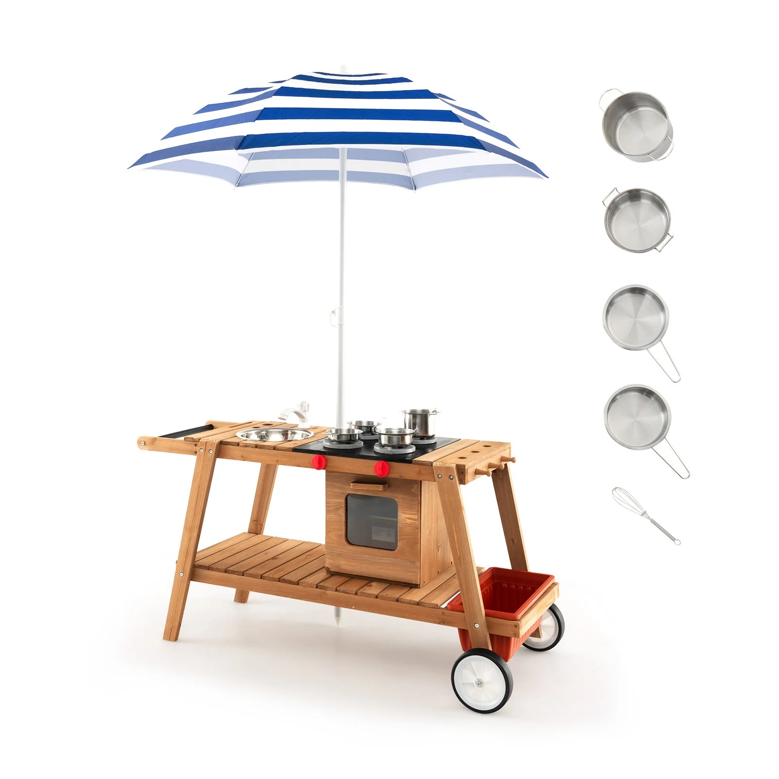 Wooden Play Cart with Sun Proof Umbrella for Toddlers Over 3 Years Old-Blue - Image 3