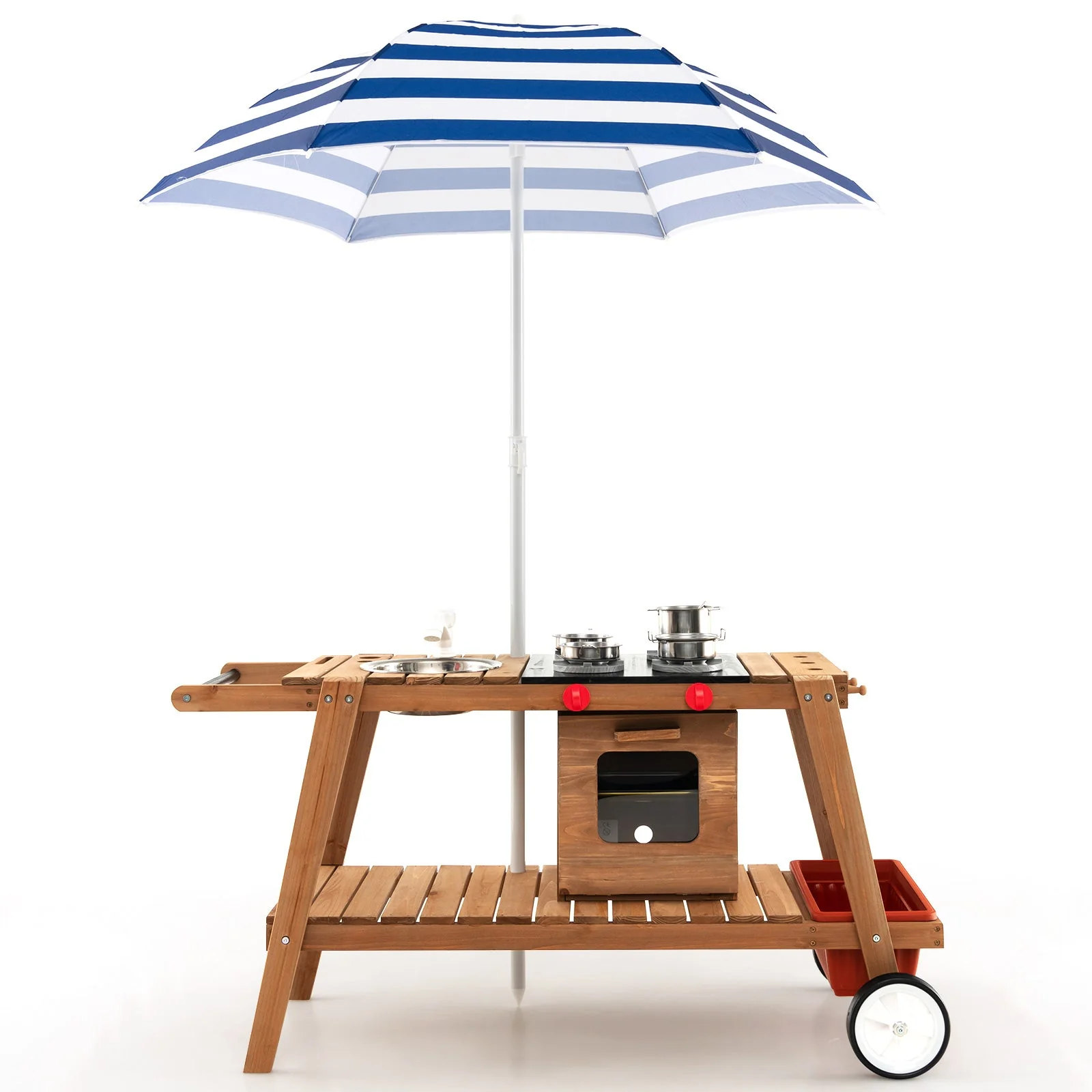 Wooden Play Cart with Sun Proof Umbrella for Toddlers Over 3 Years Old-Blue - Image 4