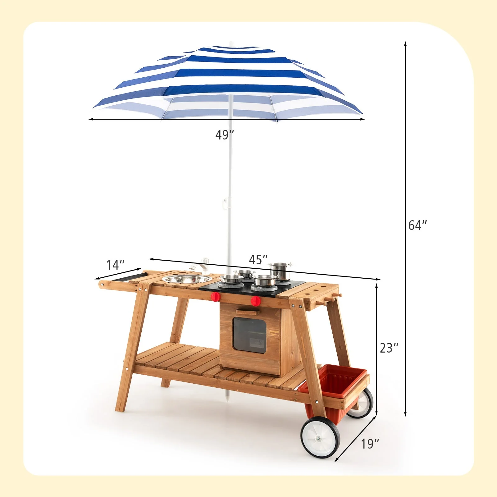 Wooden Play Cart with Sun Proof Umbrella for Toddlers Over 3 Years Old-Blue - Image 5