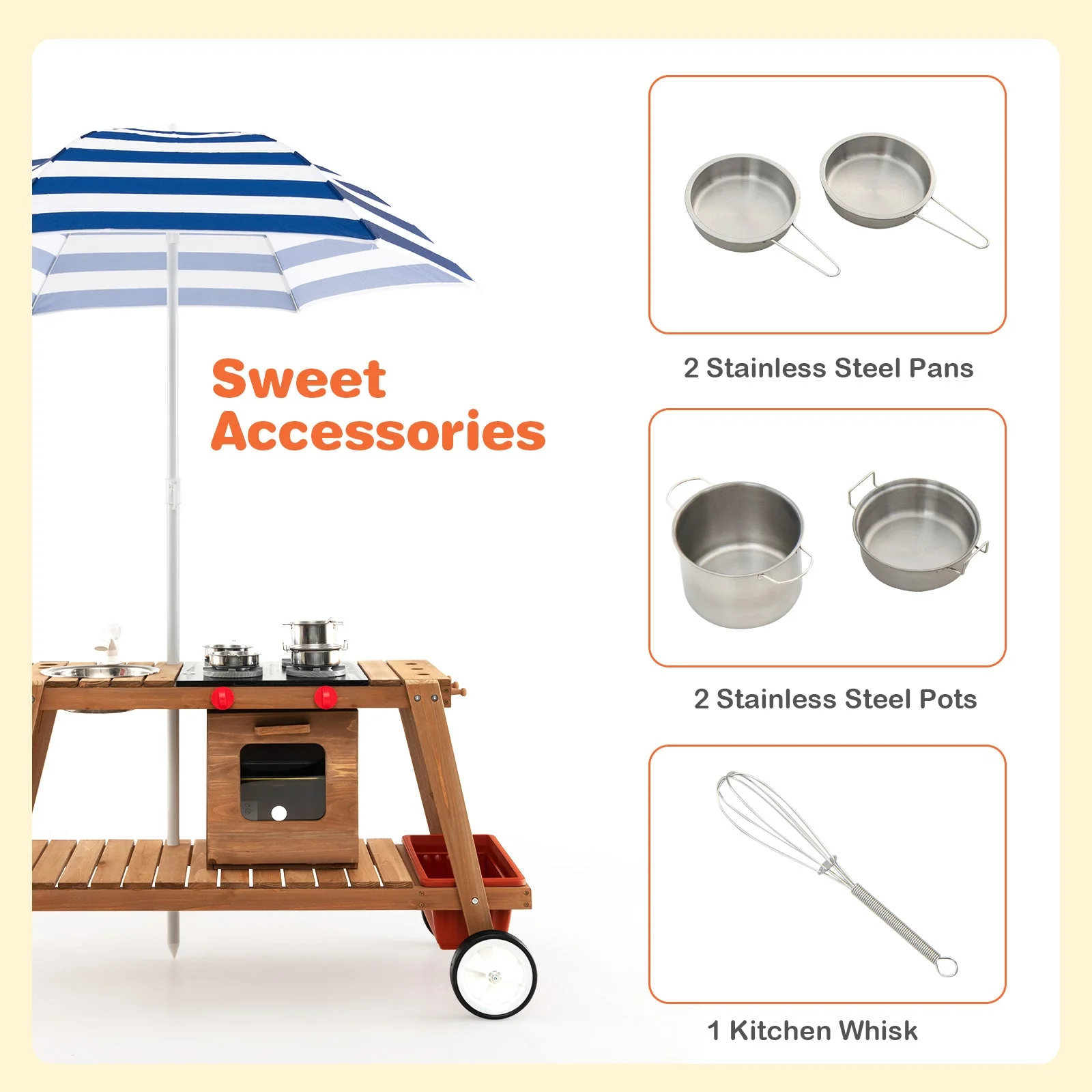 Wooden Play Cart with Sun Proof Umbrella for Toddlers Over 3 Years Old-Blue - Image 7