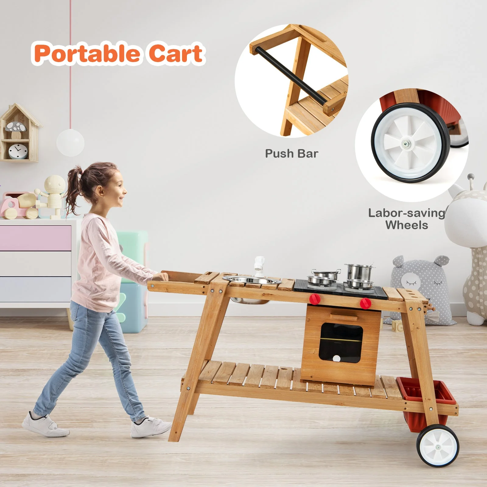 Wooden Play Cart with Sun Proof Umbrella for Toddlers Over 3 Years Old-Blue - Image 8