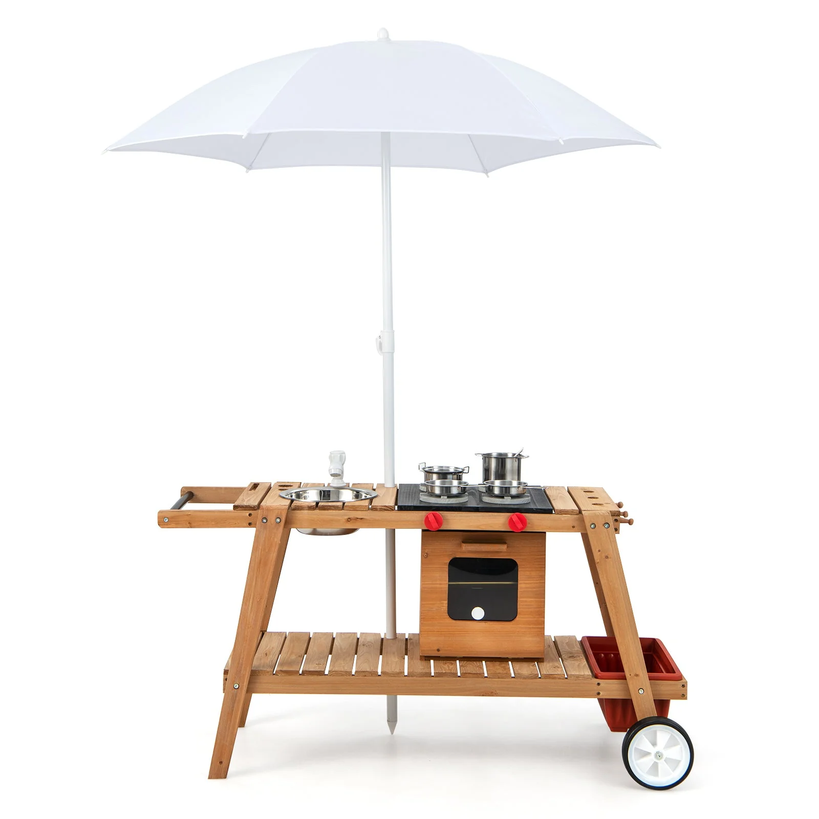 Wooden Play Cart with Sun Proof Umbrella for Toddlers Over 3 Years Old-Brown - Image 3