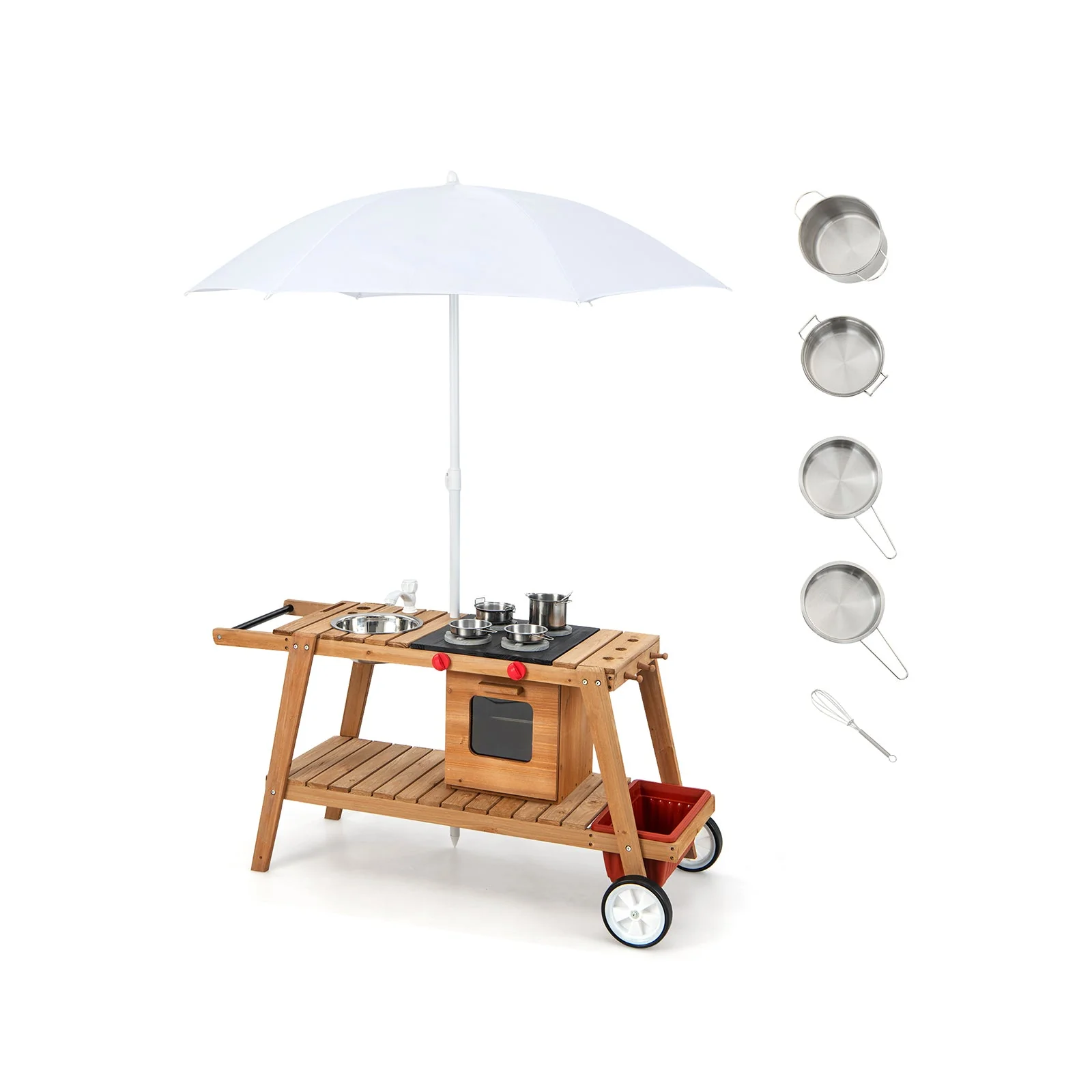 Wooden Play Cart with Sun Proof Umbrella for Toddlers Over 3 Years Old-Brown - Image 4