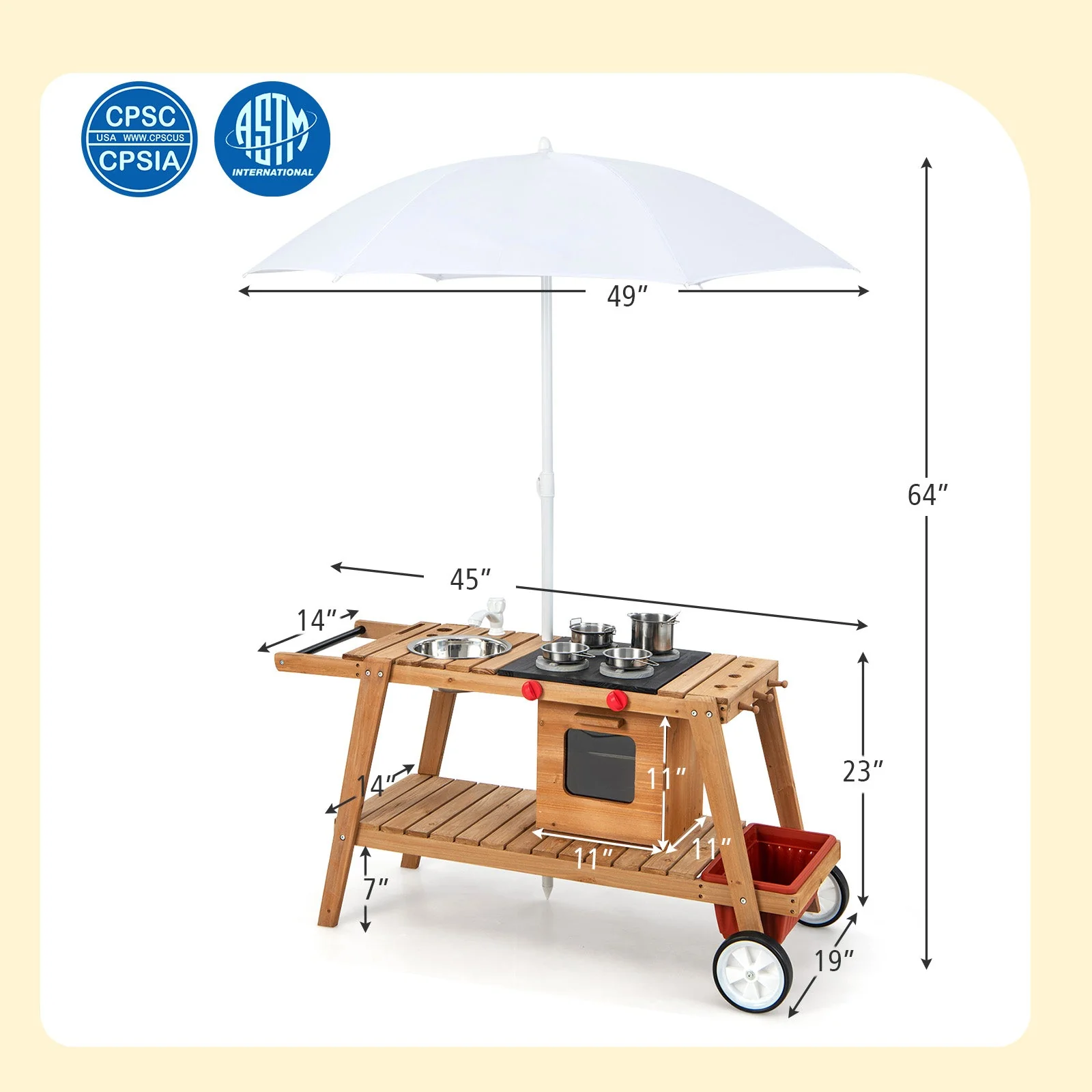 Wooden Play Cart with Sun Proof Umbrella for Toddlers Over 3 Years Old-Brown - Image 5