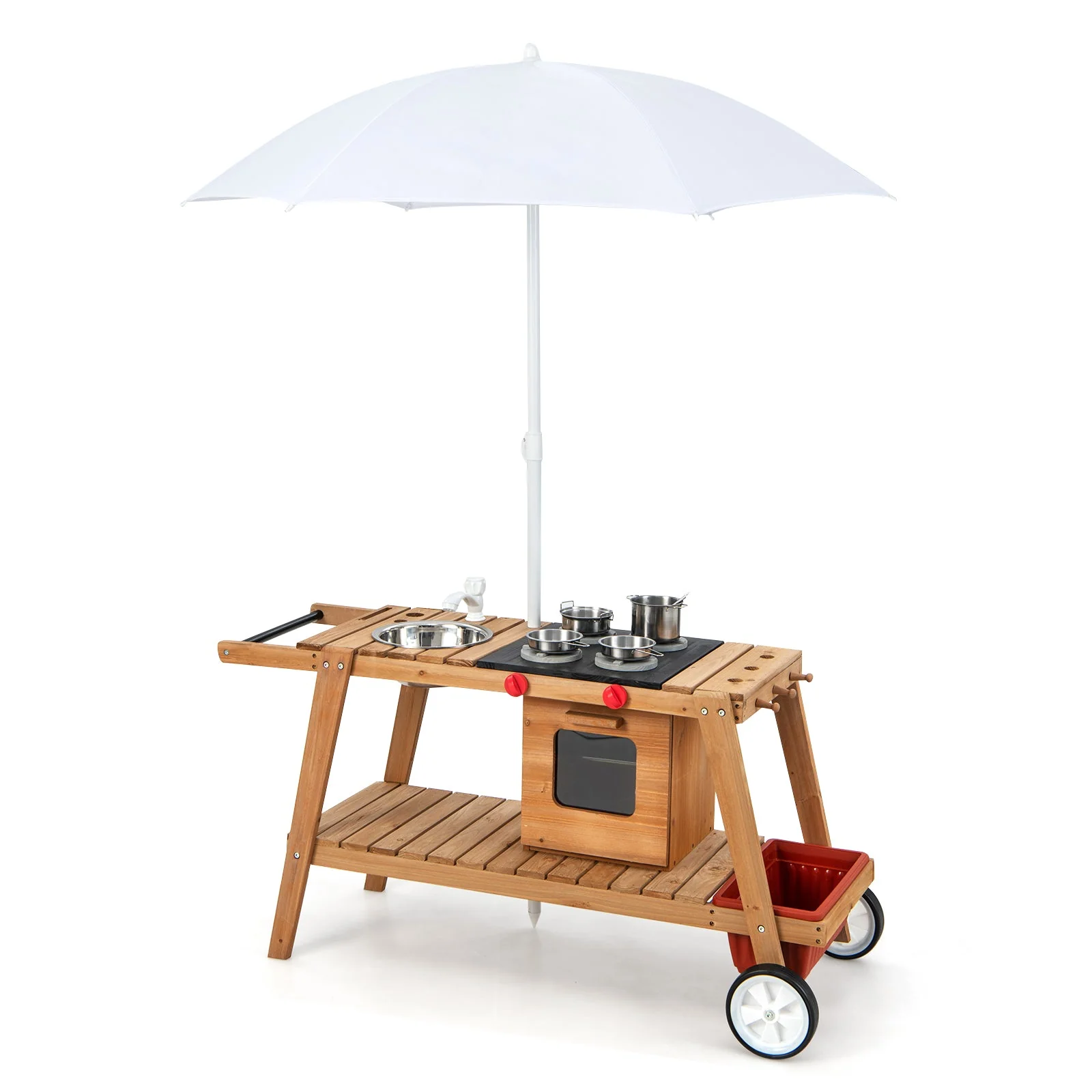 Wooden Play Cart with Sun Proof Umbrella for Toddlers Over 3 Years Old-Brown - Image 6