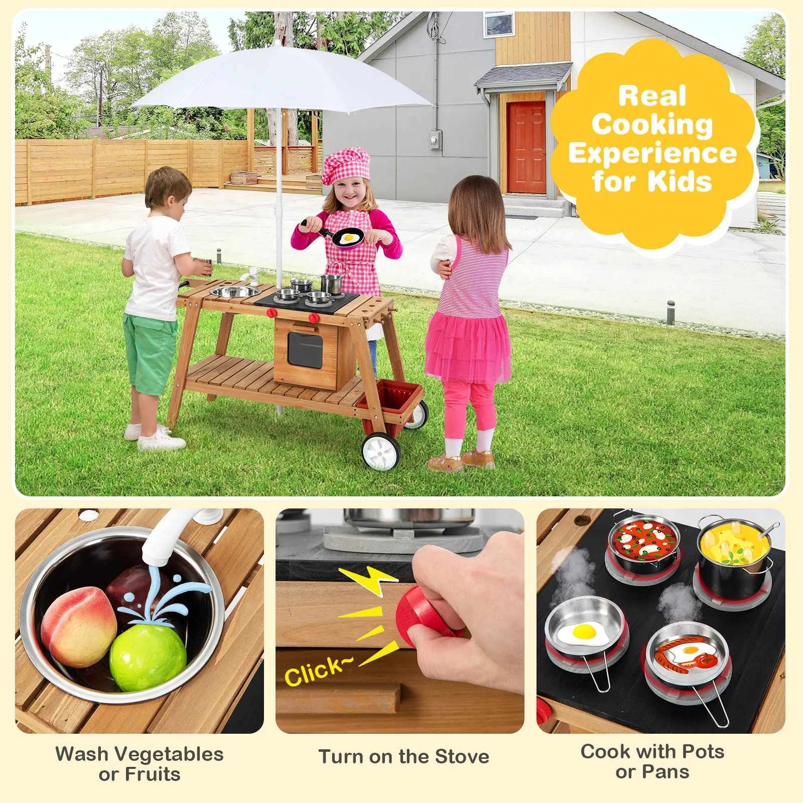 Wooden Play Cart with Sun Proof Umbrella for Toddlers Over 3 Years Old-Brown - Image 7