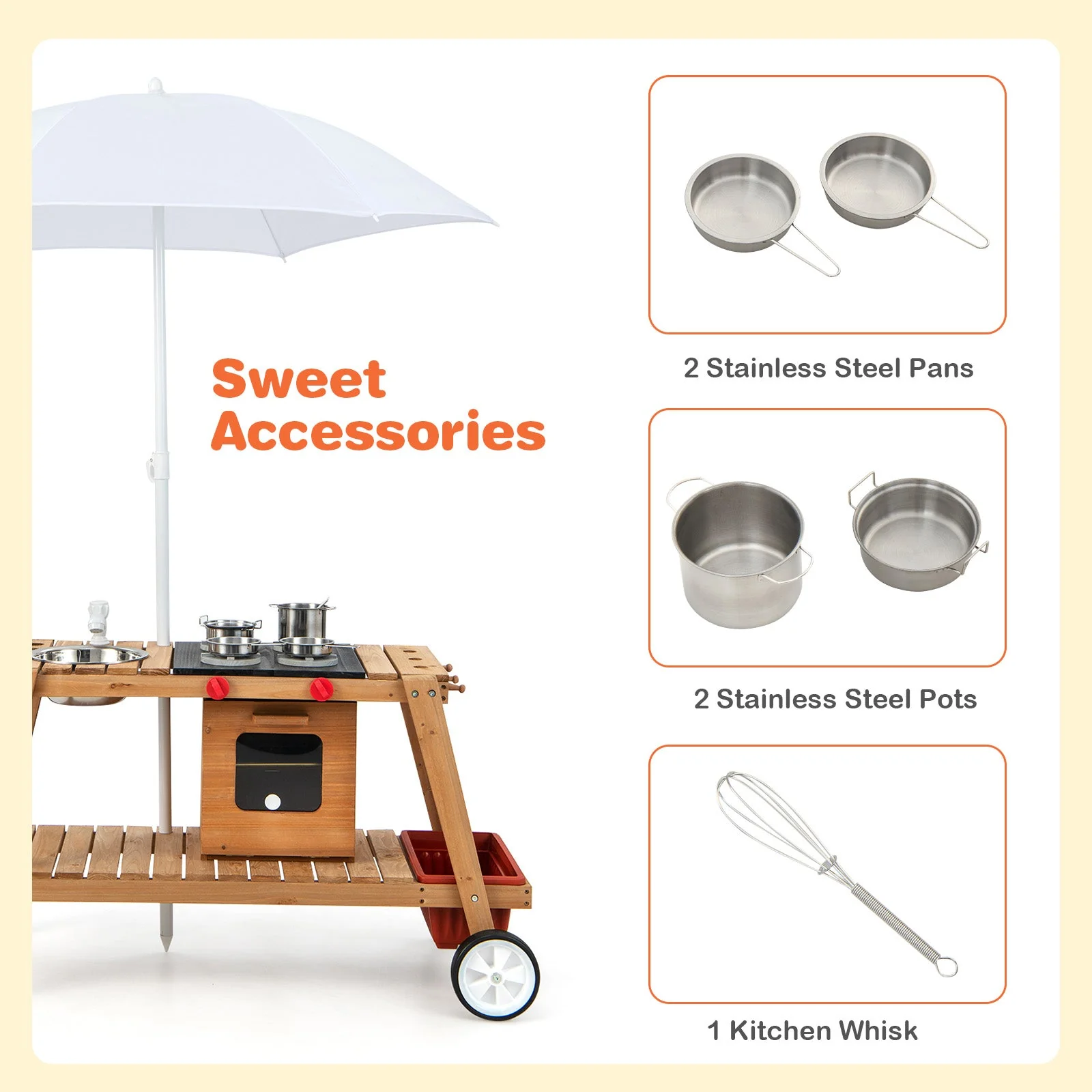 Wooden Play Cart with Sun Proof Umbrella for Toddlers Over 3 Years Old-Brown - Image 8