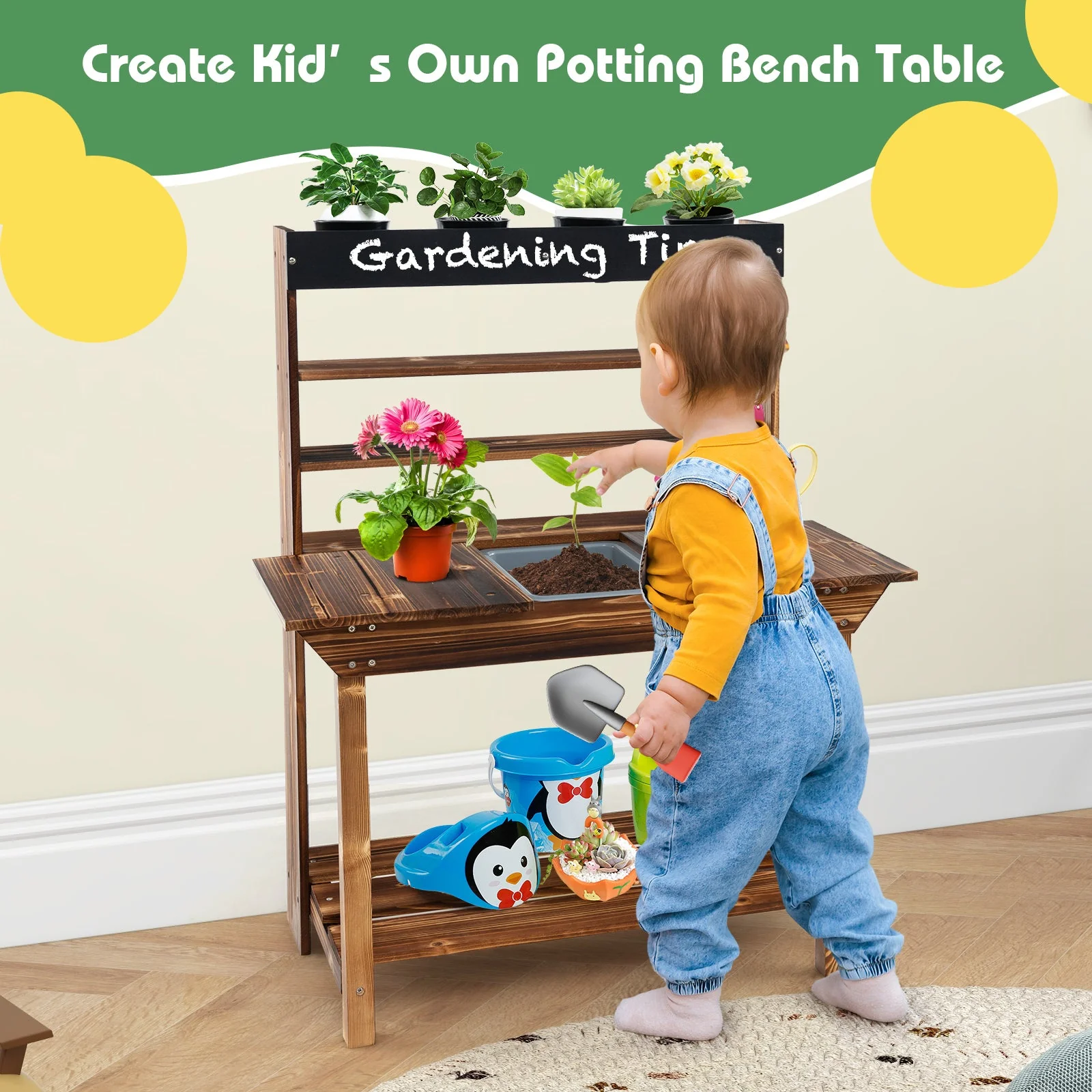 Wooden Potting Bench Table Outdoor Mud Kitchen with Solid Fir Wood Frame-Natural - Image 2