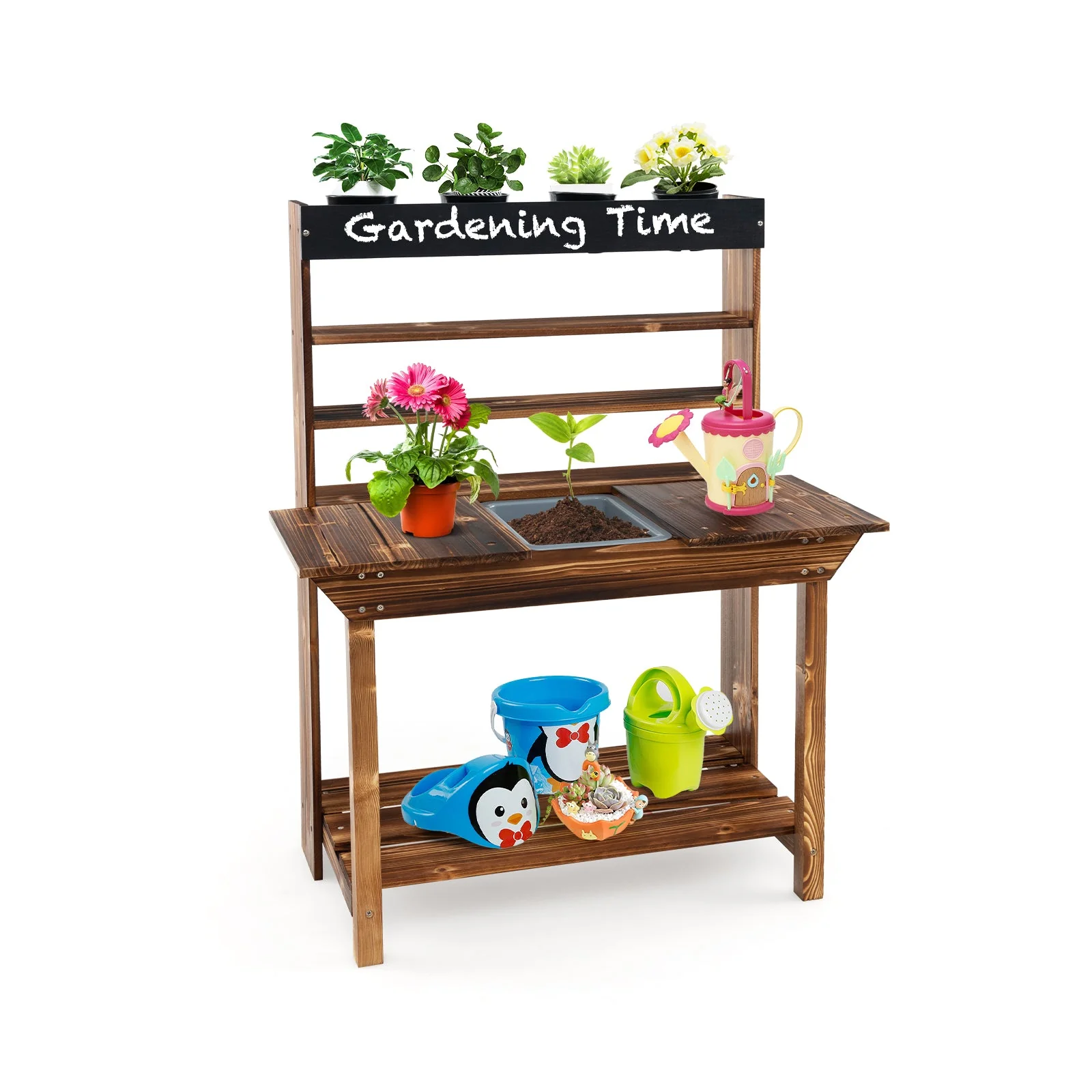 Wooden Potting Bench Table Outdoor Mud Kitchen with Solid Fir Wood Frame-Natural - Image 3