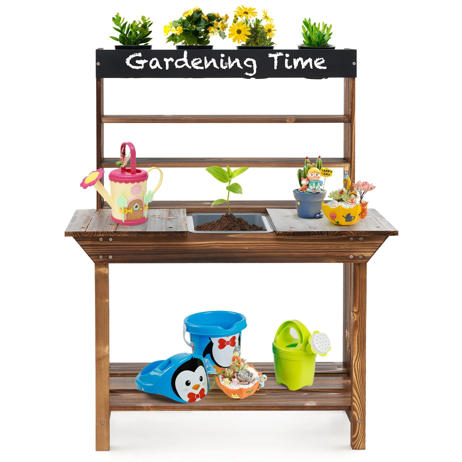 Wooden Potting Bench Table Outdoor Mud Kitchen with Solid Fir Wood Frame-Natural - Image 4