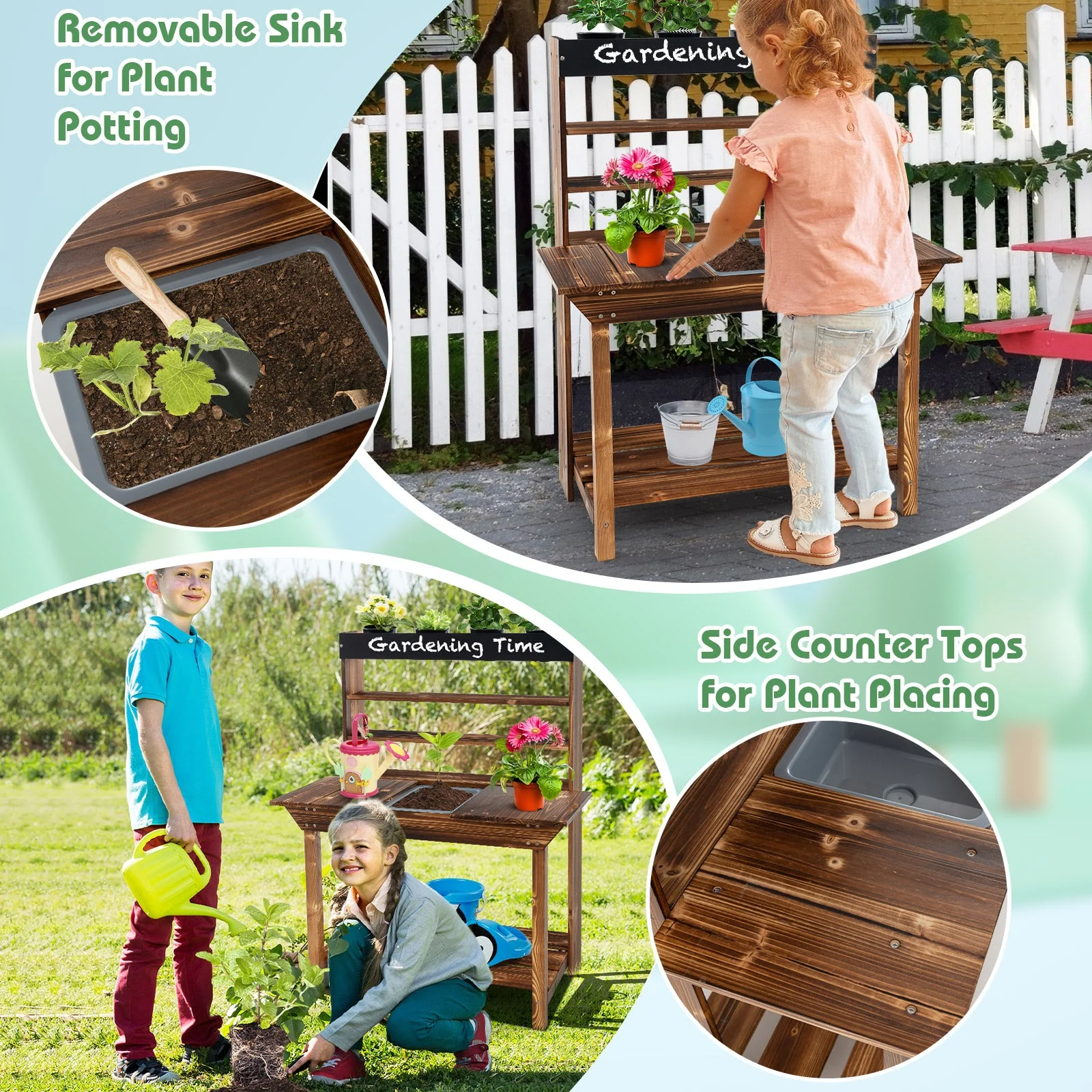 Wooden Potting Bench Table Outdoor Mud Kitchen with Solid Fir Wood Frame-Natural - Image 7