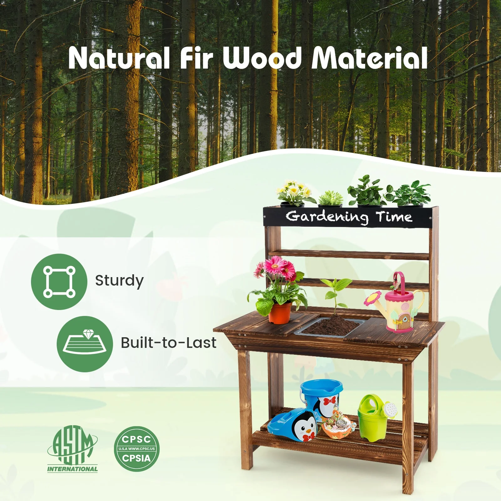 Wooden Potting Bench Table Outdoor Mud Kitchen with Solid Fir Wood Frame-Natural - Image 8