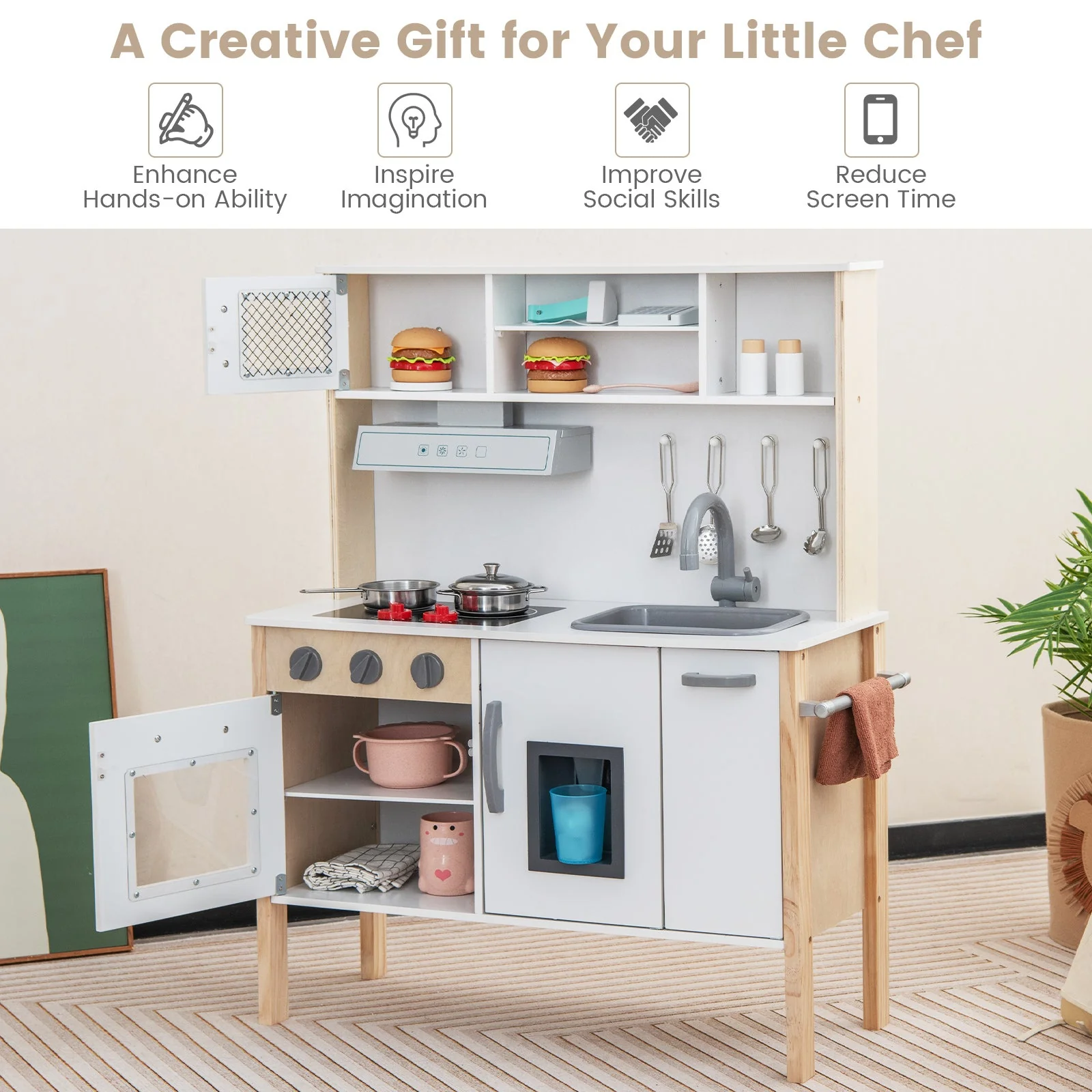 Wooden Pretend Play Kitchen Set for Toddlers-White - Image 7