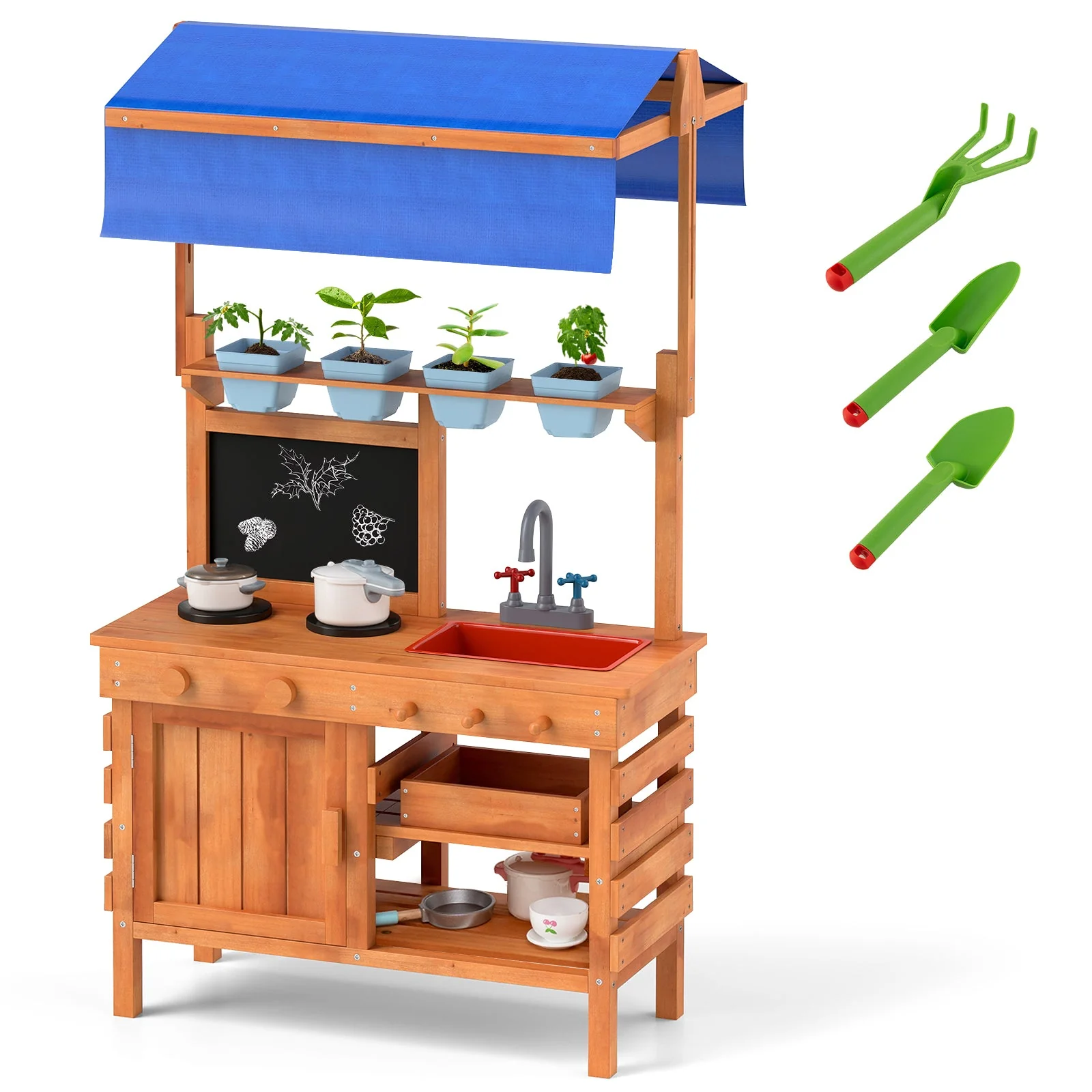 Wooden Pretend Play Kitchen with Height Adjustable Canopy for Kids-Natural - Image 2