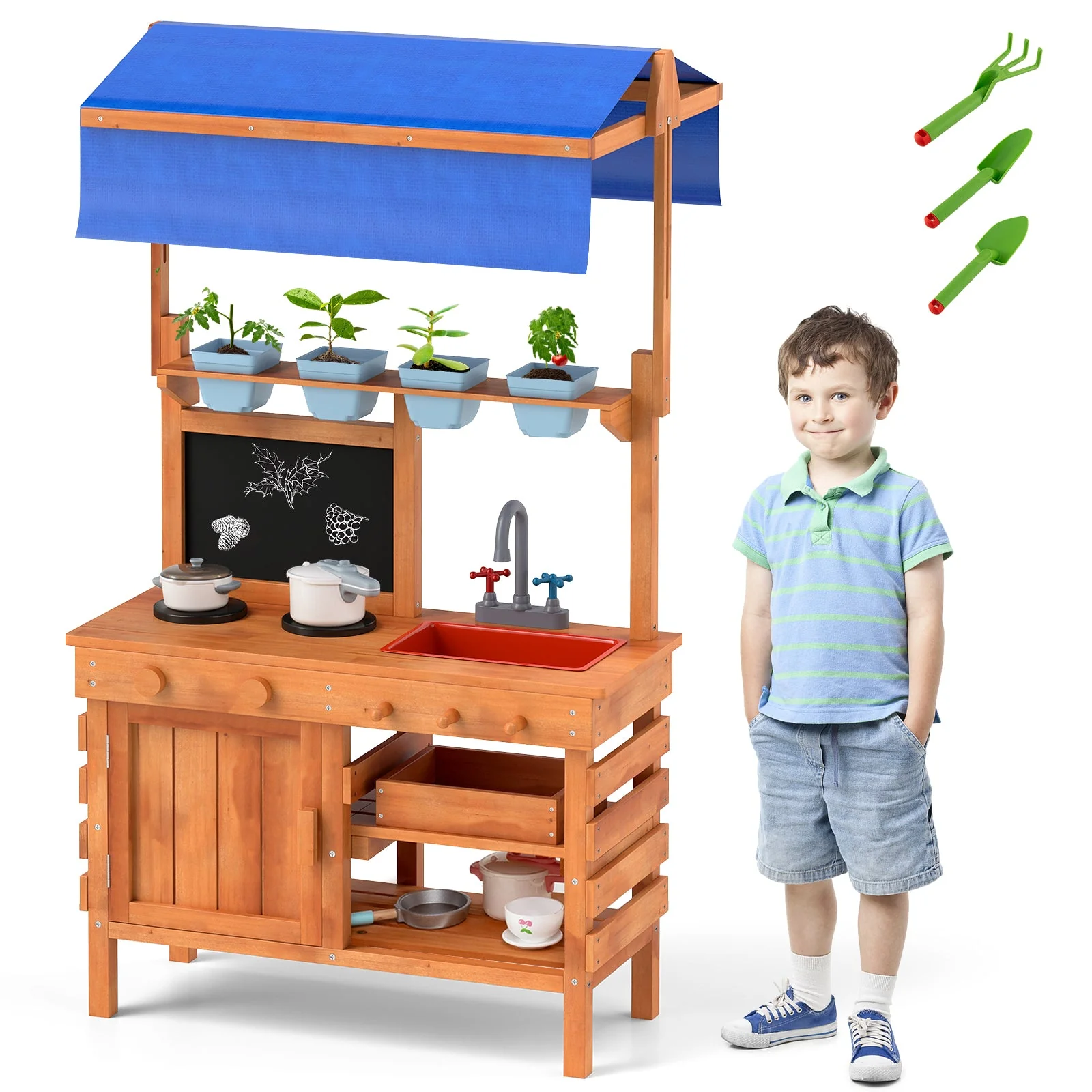 Wooden Pretend Play Kitchen with Height Adjustable Canopy for Kids-Natural - Image 3