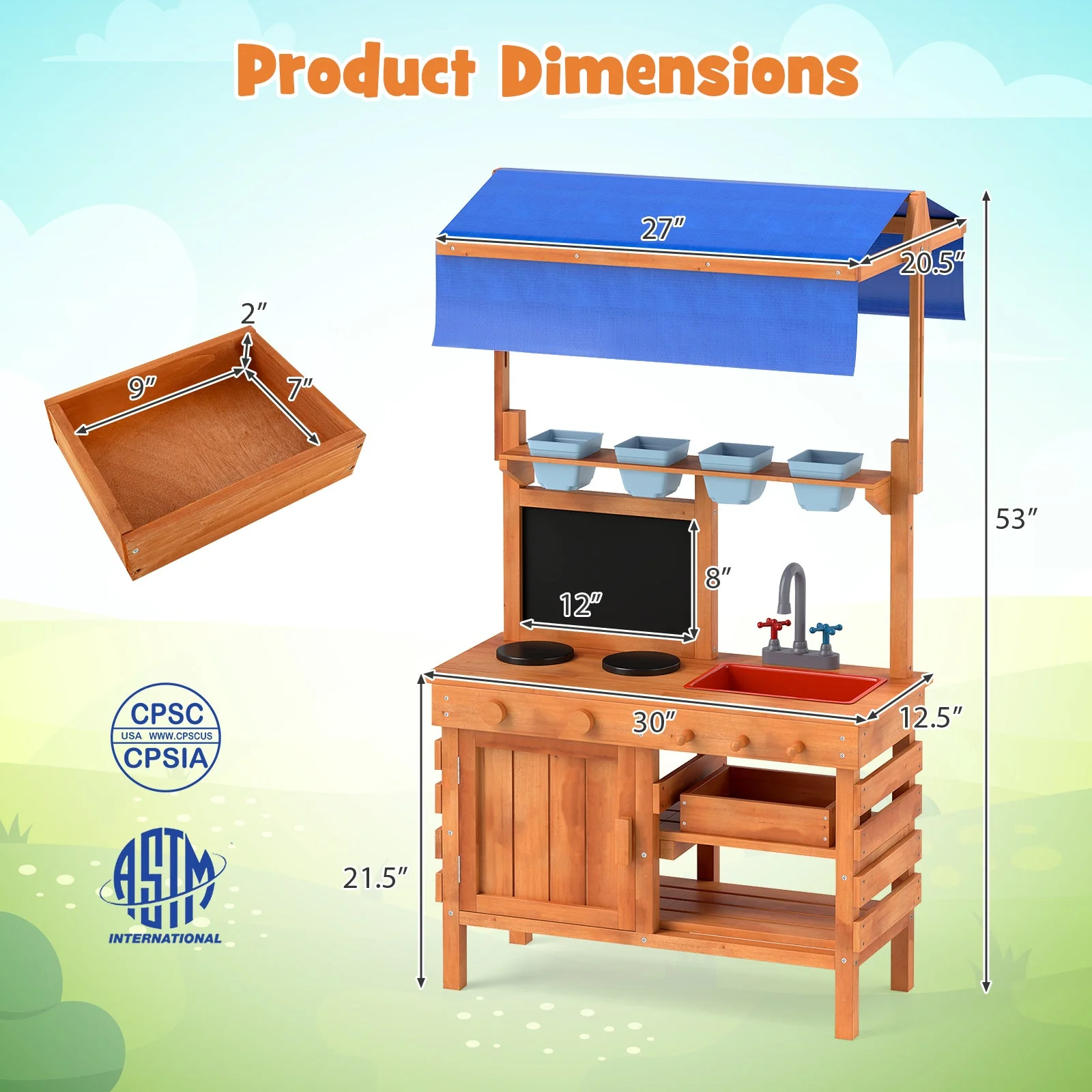 Wooden Pretend Play Kitchen with Height Adjustable Canopy for Kids-Natural - Image 4