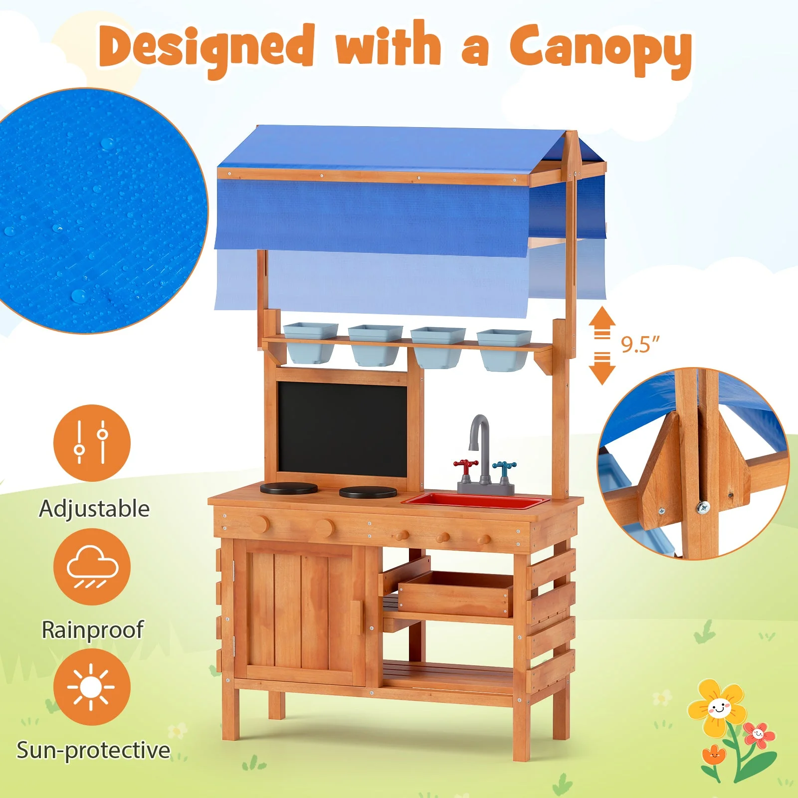 Wooden Pretend Play Kitchen with Height Adjustable Canopy for Kids-Natural - Image 5