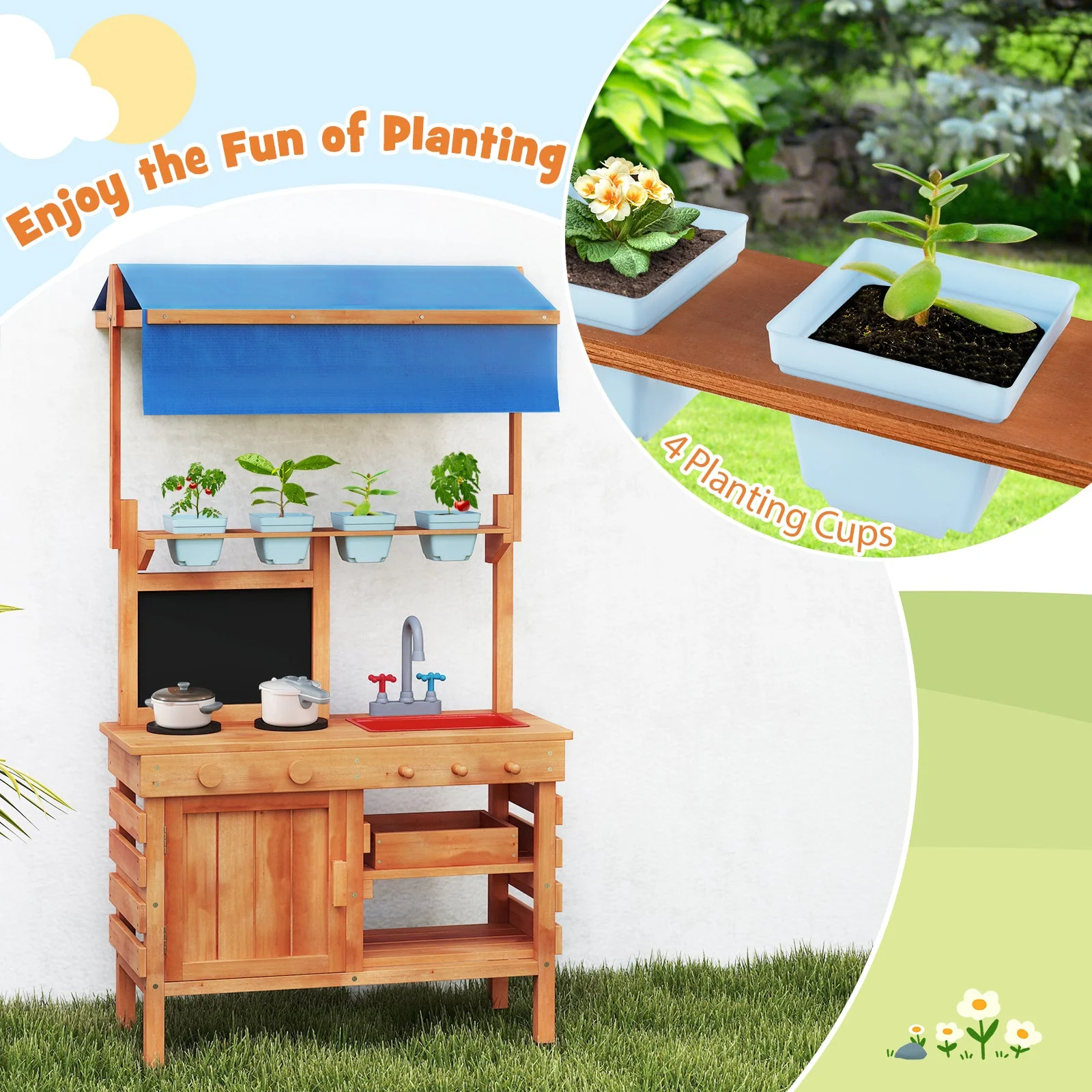 Wooden Pretend Play Kitchen with Height Adjustable Canopy for Kids-Natural - Image 6