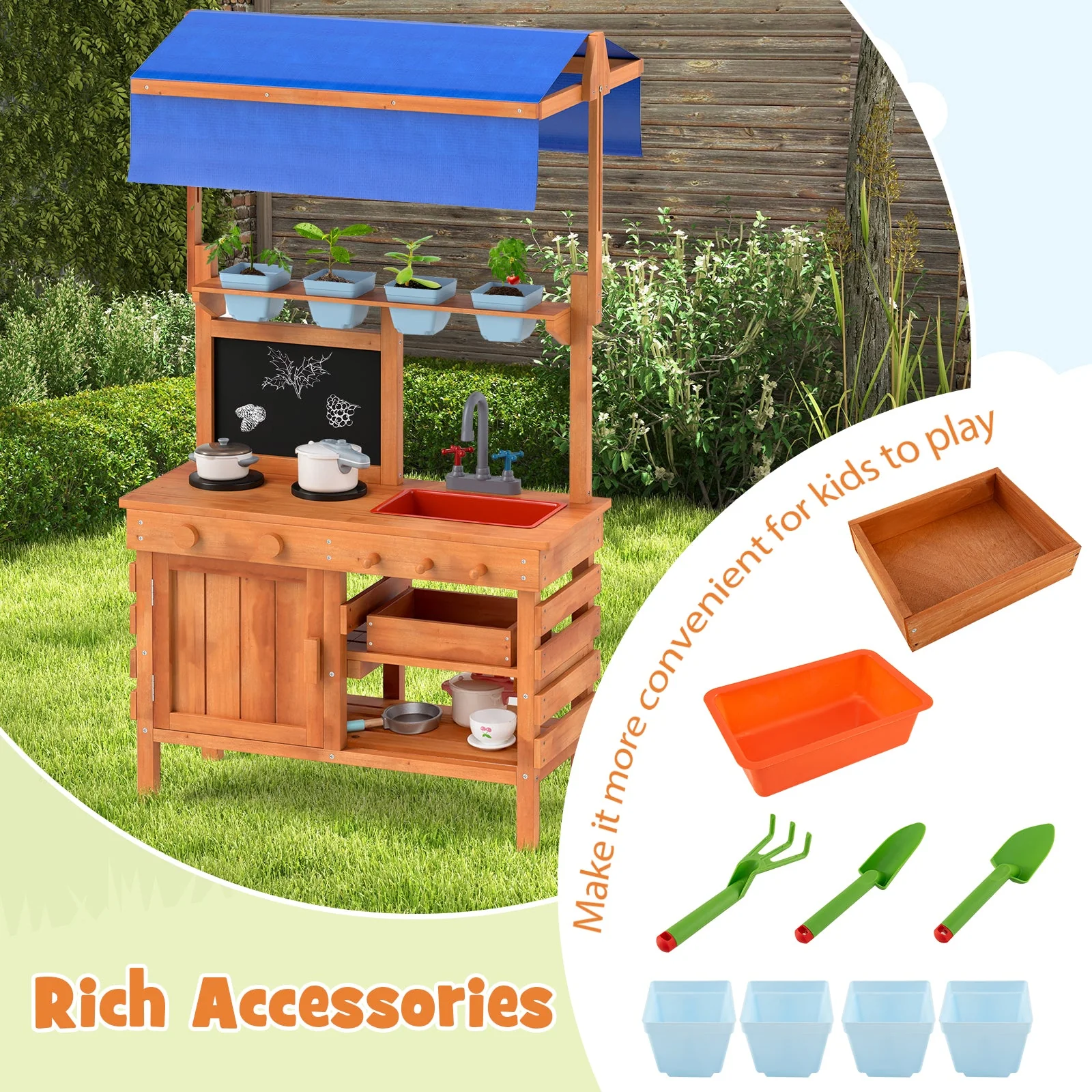 Wooden Pretend Play Kitchen with Height Adjustable Canopy for Kids-Natural - Image 7