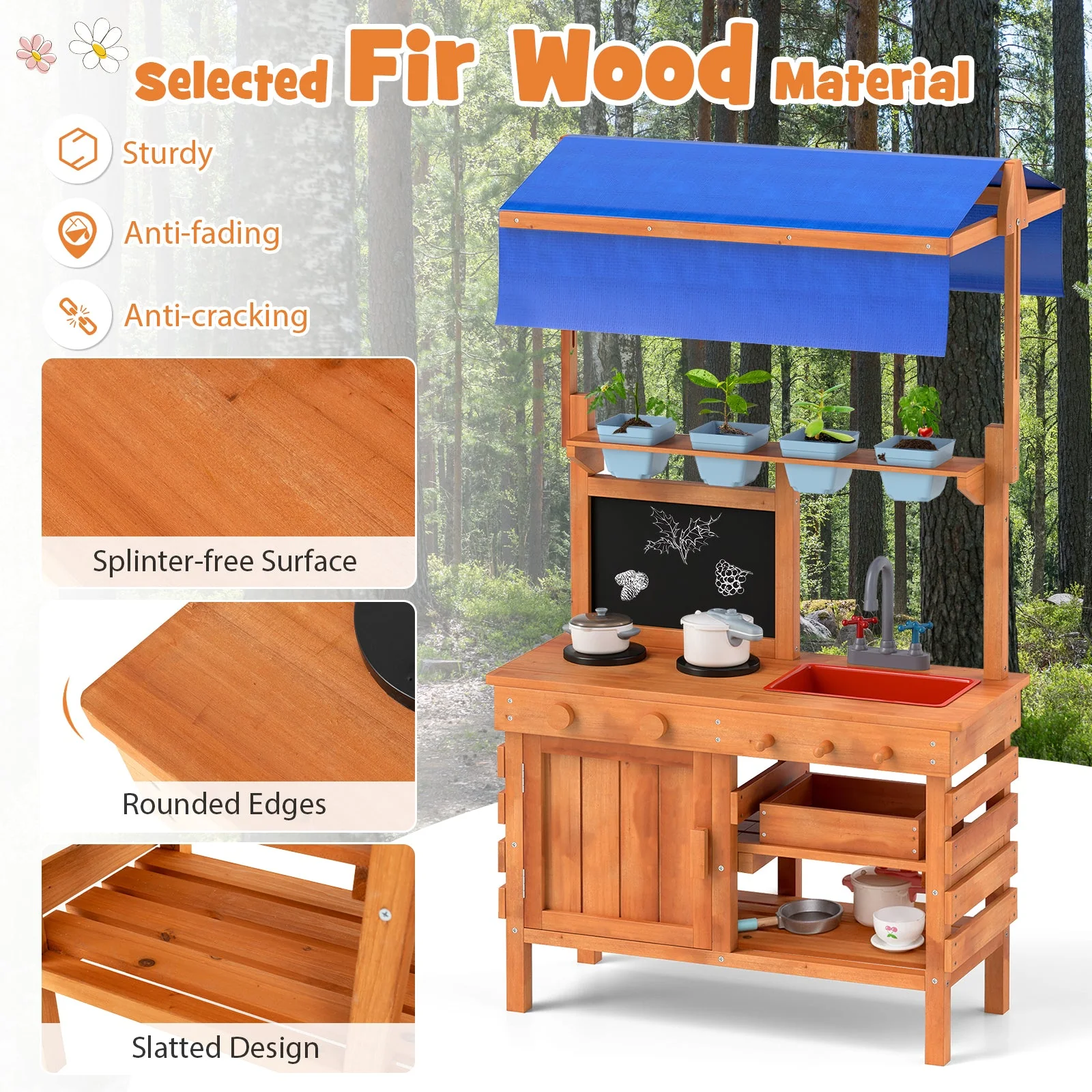 Wooden Pretend Play Kitchen with Height Adjustable Canopy for Kids-Natural - Image 8