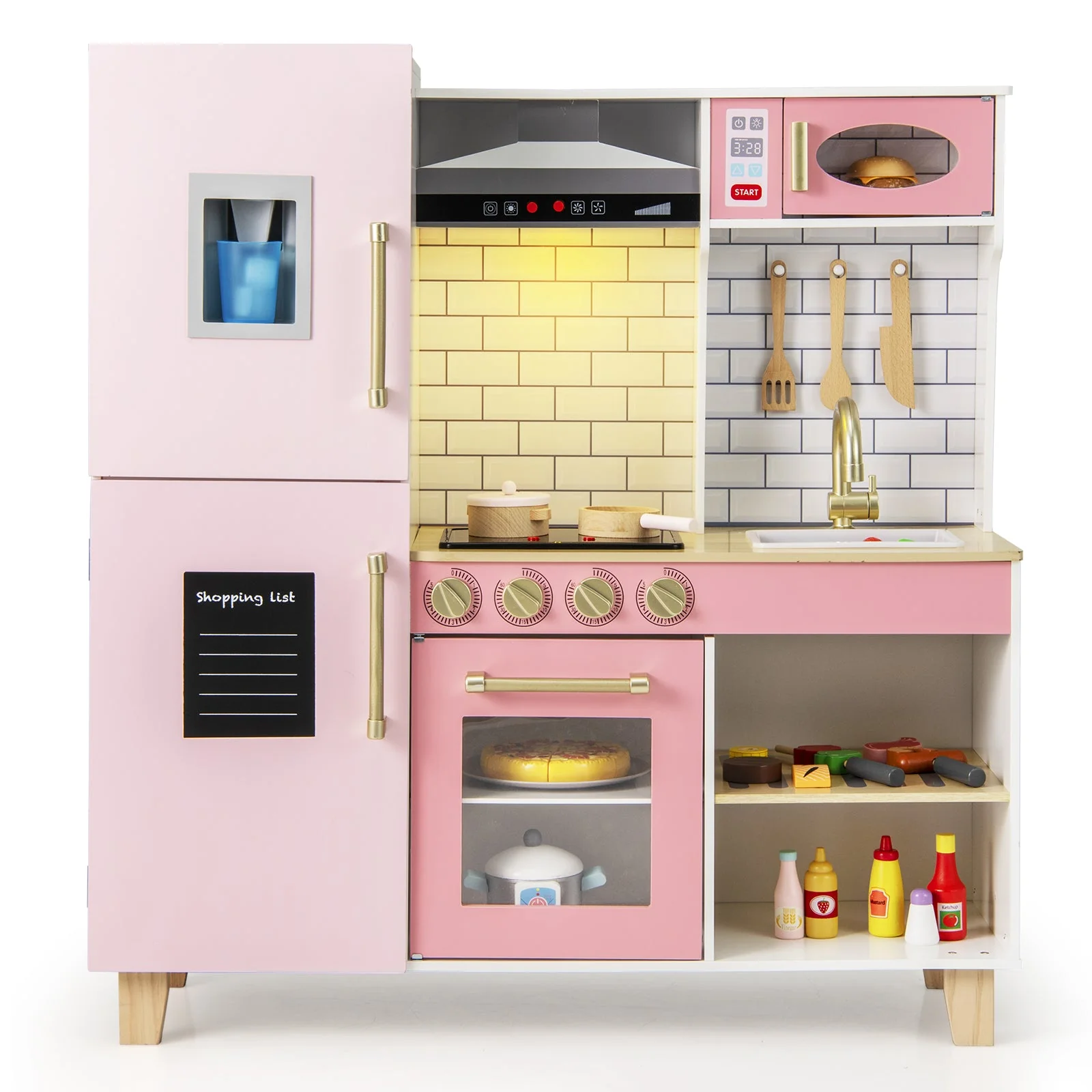 Wooden Pretend Play Kitchen with Ice Maker Range Hood and Blackboard-Pink - Image 2