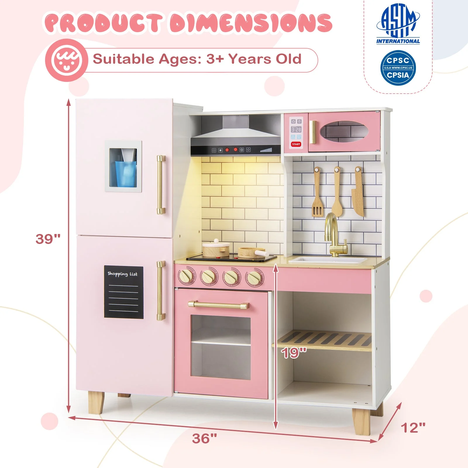 Wooden Pretend Play Kitchen with Ice Maker Range Hood and Blackboard-Pink - Image 3