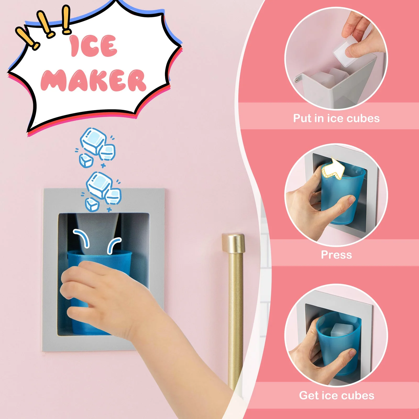 Wooden Pretend Play Kitchen with Ice Maker Range Hood and Blackboard-Pink - Image 4