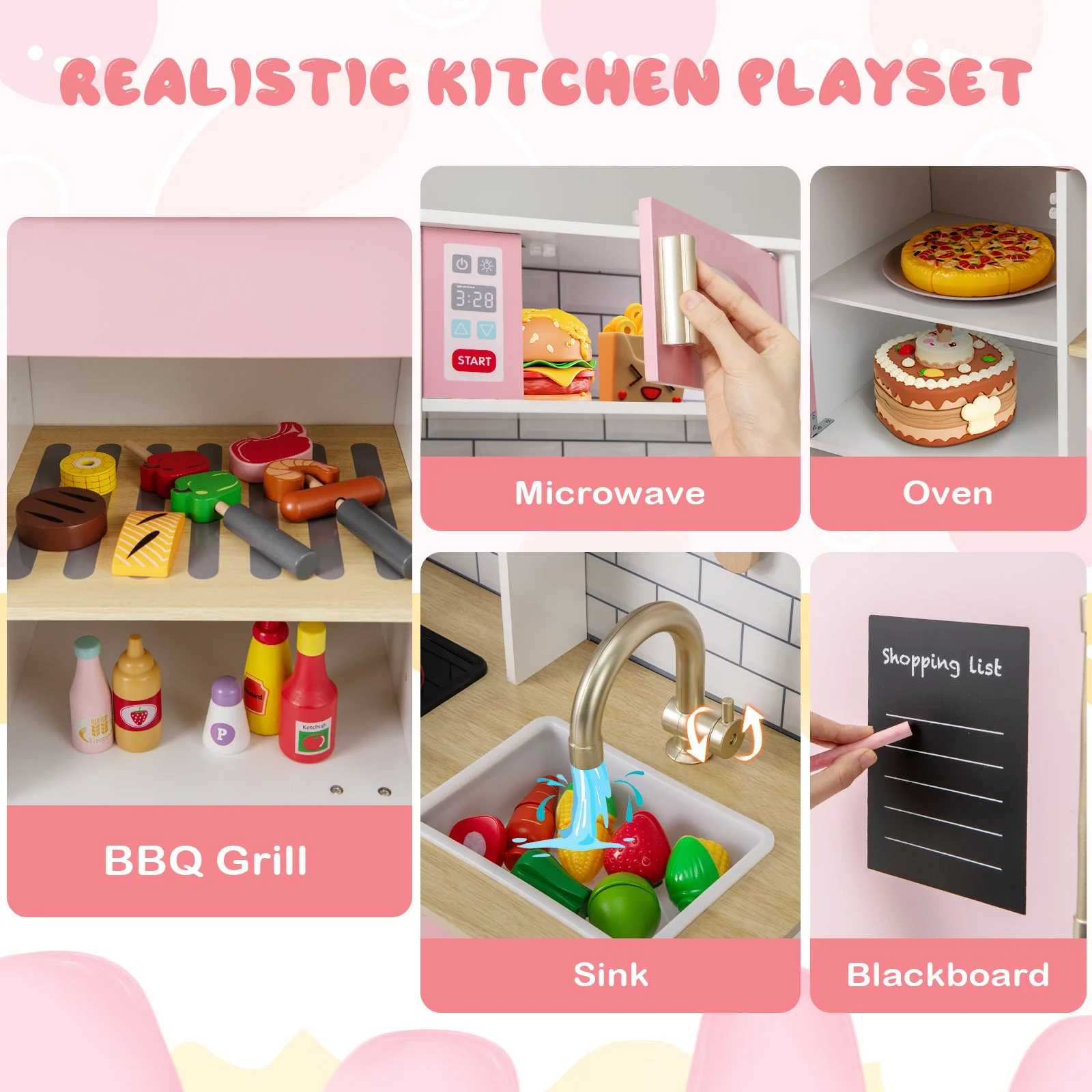 Wooden Pretend Play Kitchen with Ice Maker Range Hood and Blackboard-Pink - Image 5