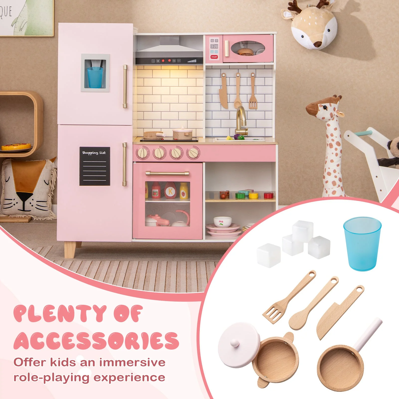 Wooden Pretend Play Kitchen with Ice Maker Range Hood and Blackboard-Pink - Image 7