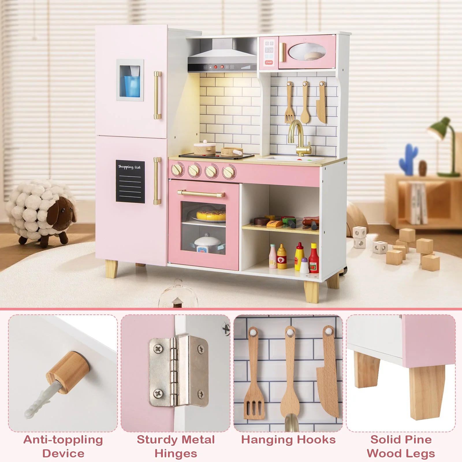 Wooden Pretend Play Kitchen with Ice Maker Range Hood and Blackboard-Pink - Image 8