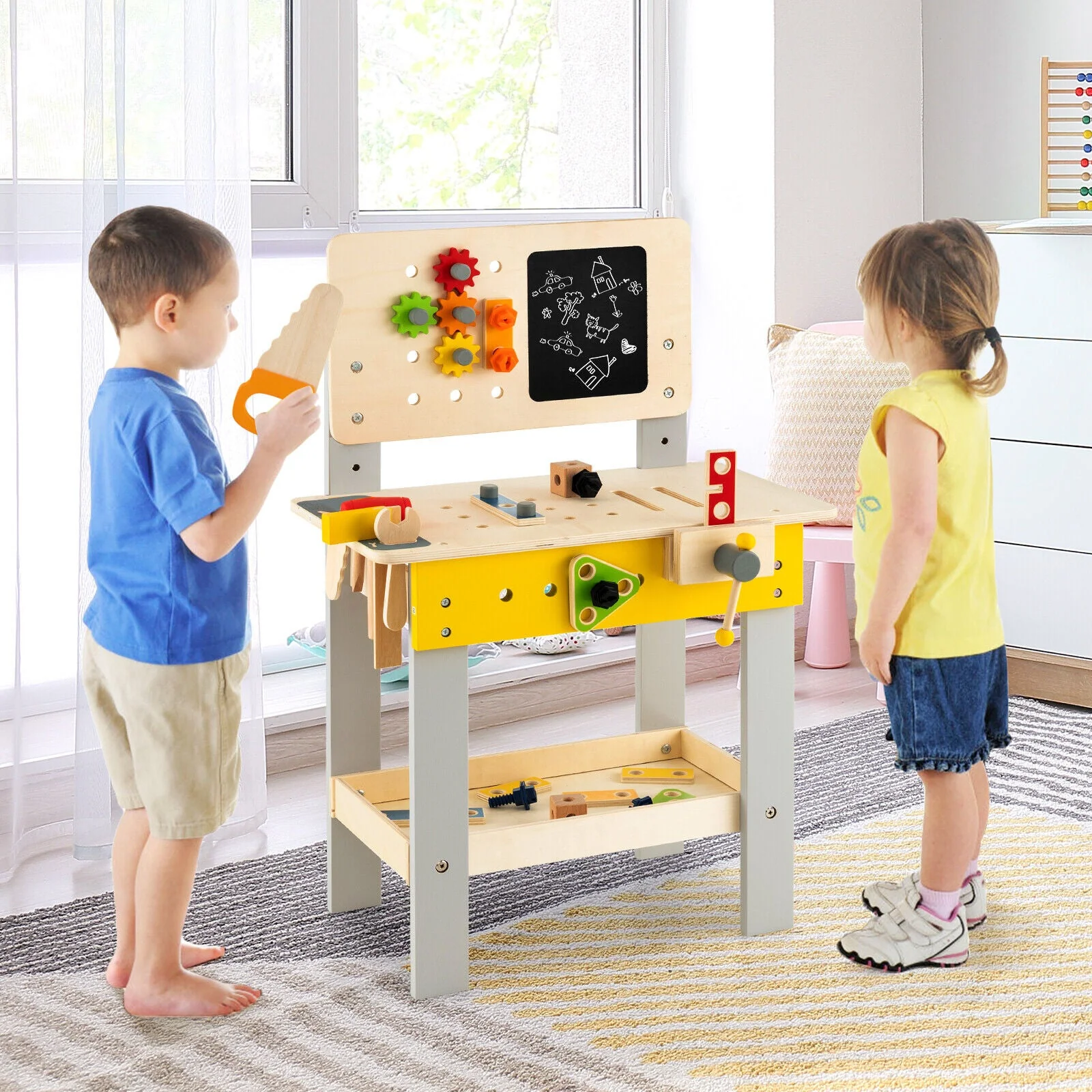 Wooden Pretend Play Workbench Set with Blackboard for Toddlers Ages 3+ - Image 2