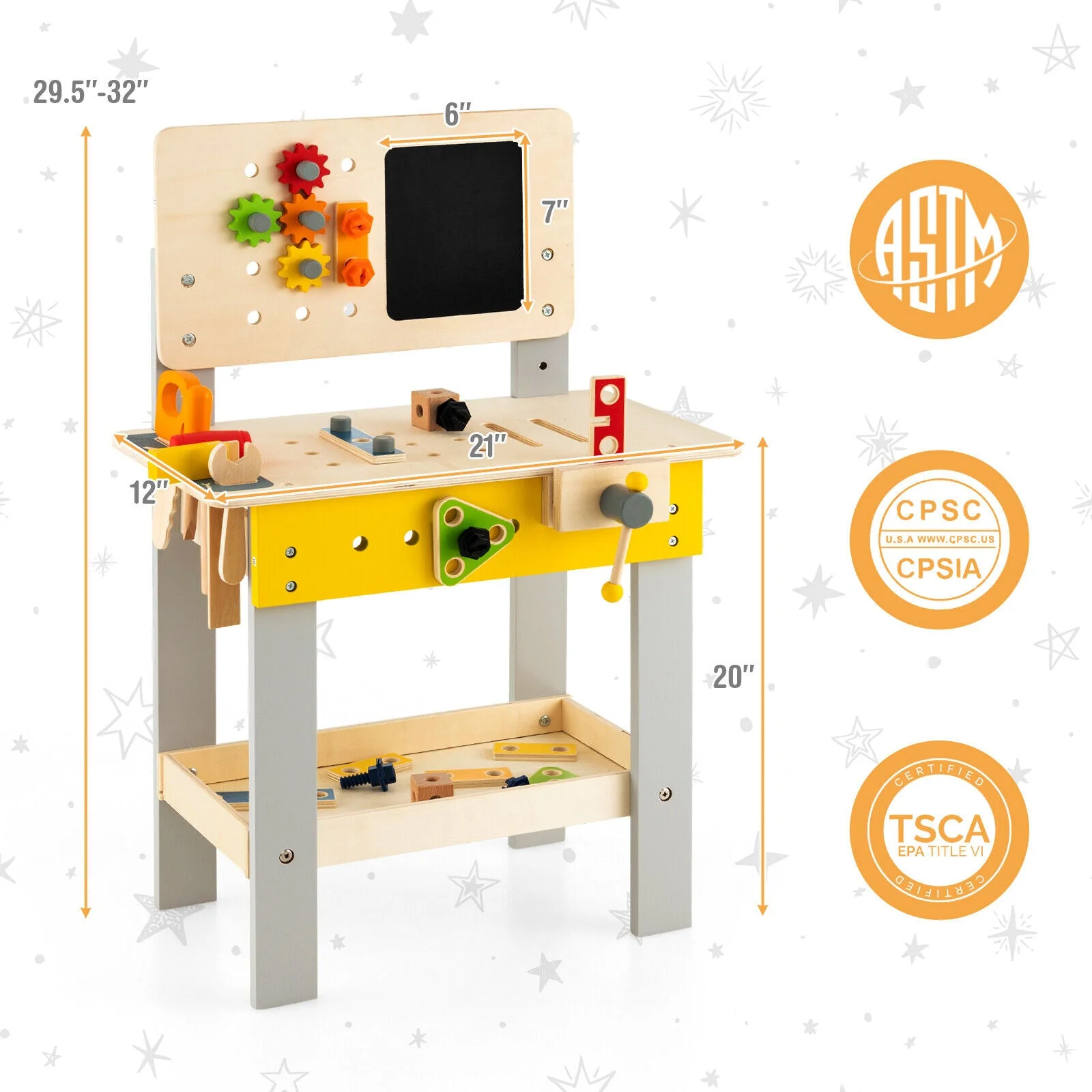 Wooden Pretend Play Workbench Set with Blackboard for Toddlers Ages 3+ - Image 4