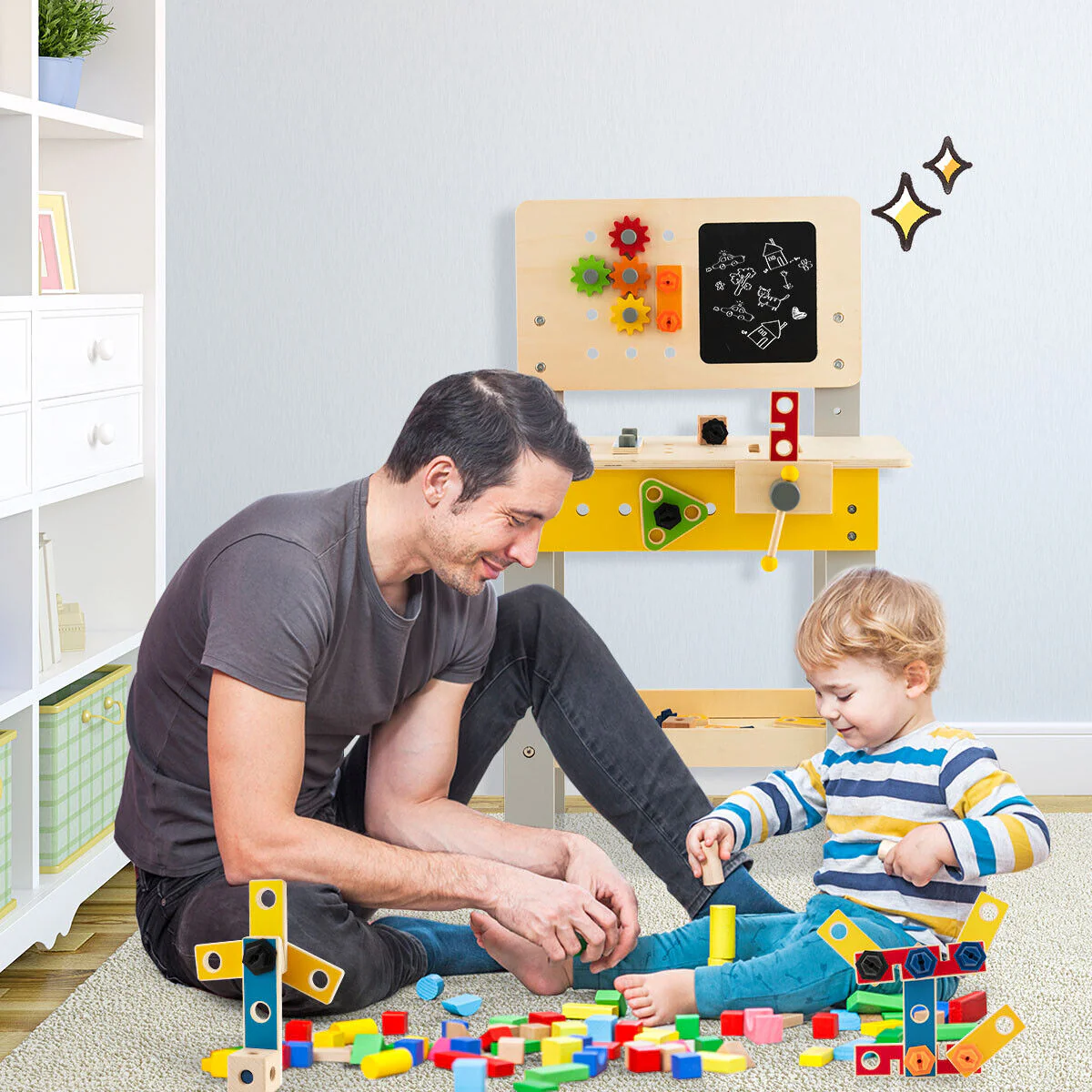 Wooden Pretend Play Workbench Set with Blackboard for Toddlers Ages 3+ - Image 5