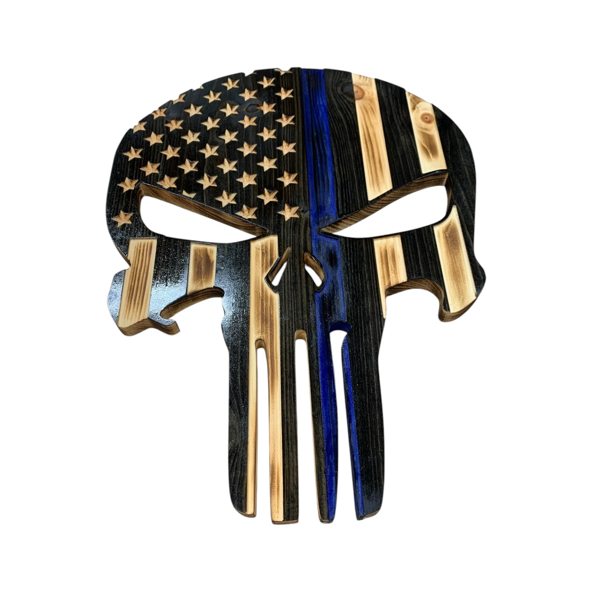 Wooden Punisher Thin Blue Line Flag with LED Backlighting - Image 2
