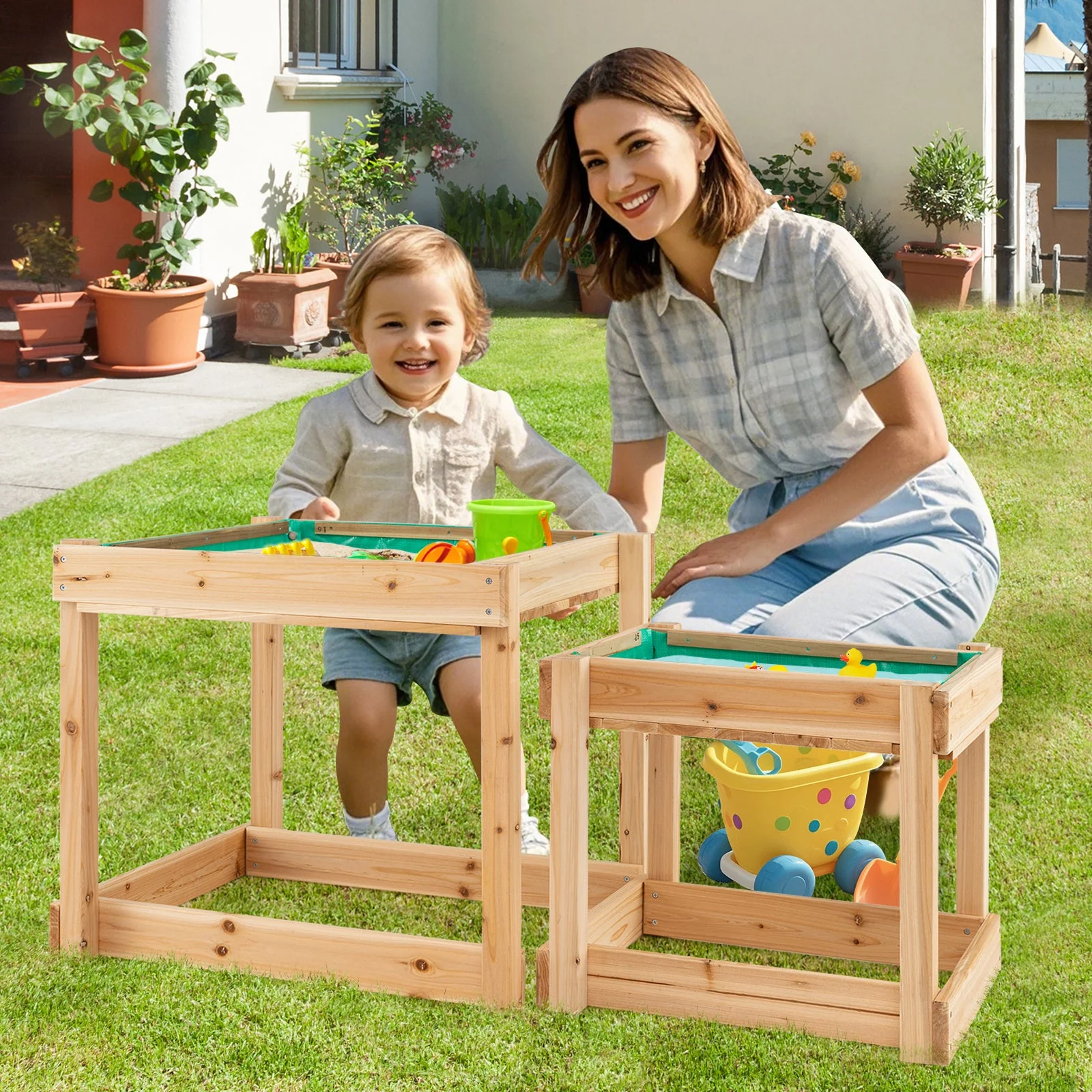 Wooden Sand and Water Tables with Protective Cover for Kids-Natural - Image 2