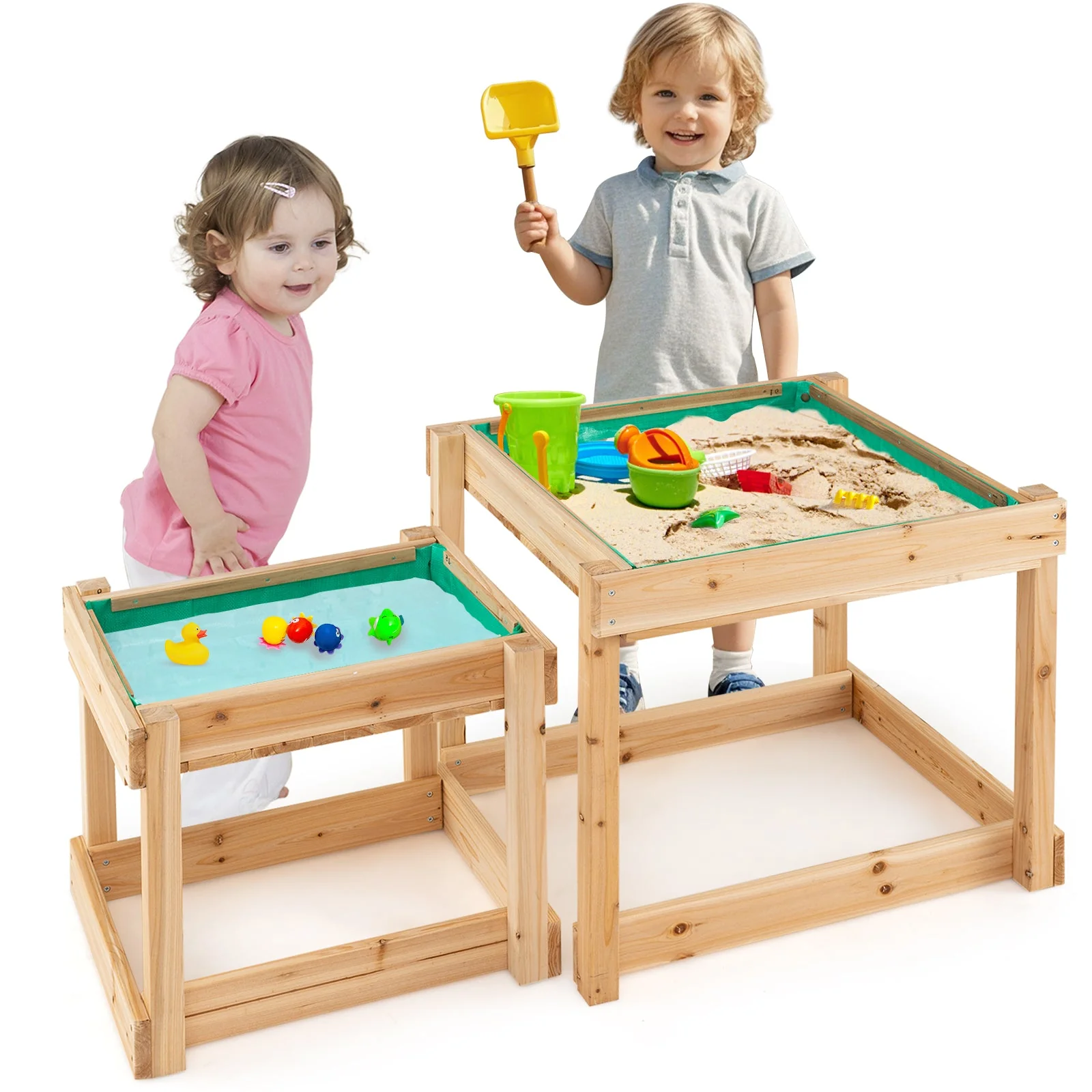 Wooden Sand and Water Tables with Protective Cover for Kids-Natural - Image 4