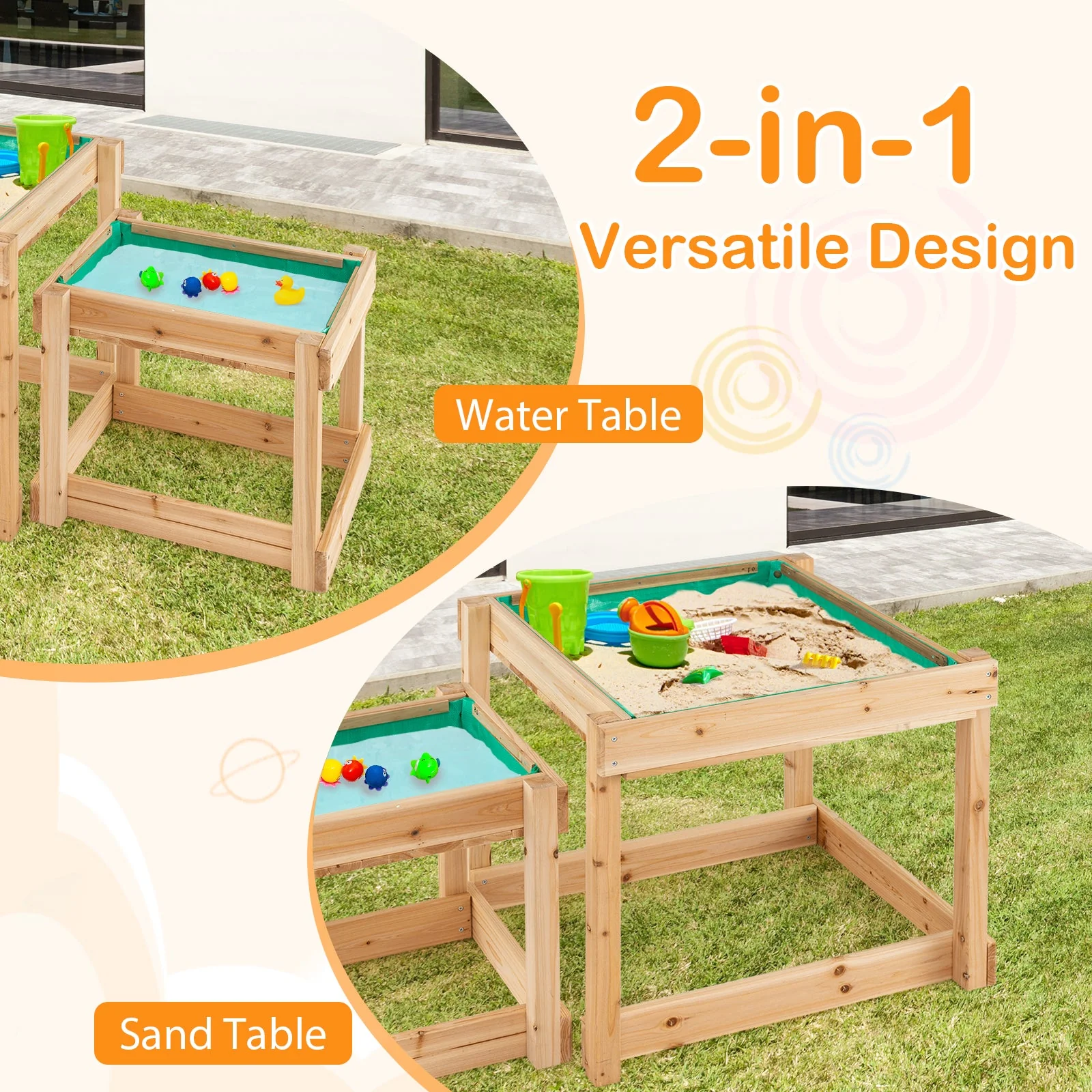 Wooden Sand and Water Tables with Protective Cover for Kids-Natural - Image 6