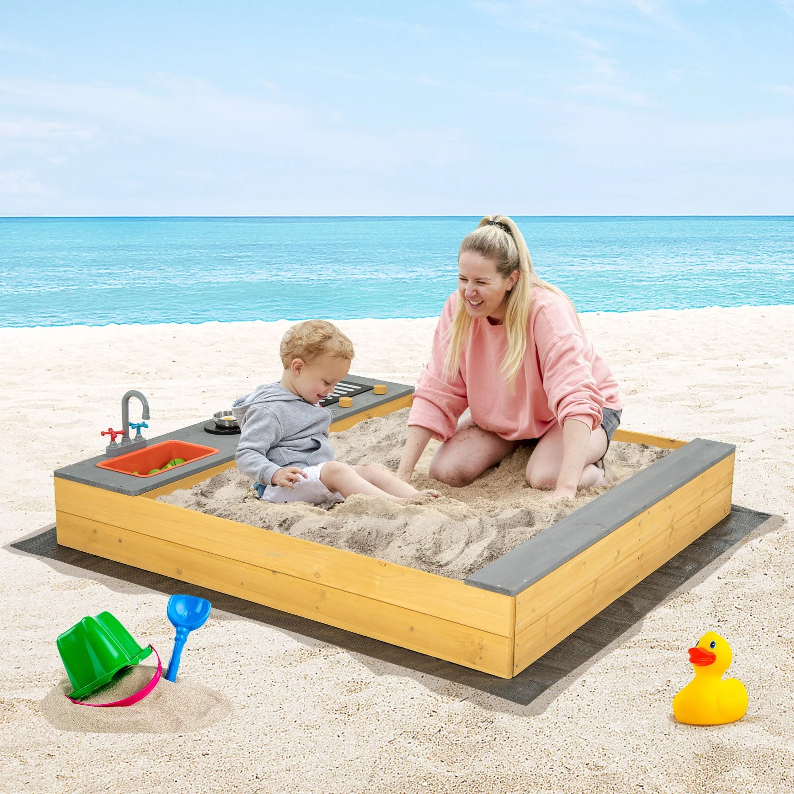 Wooden Sandbox Kids Sand Pit with Kitchen Playset Accessories for 3-8 Years Old - Image 2