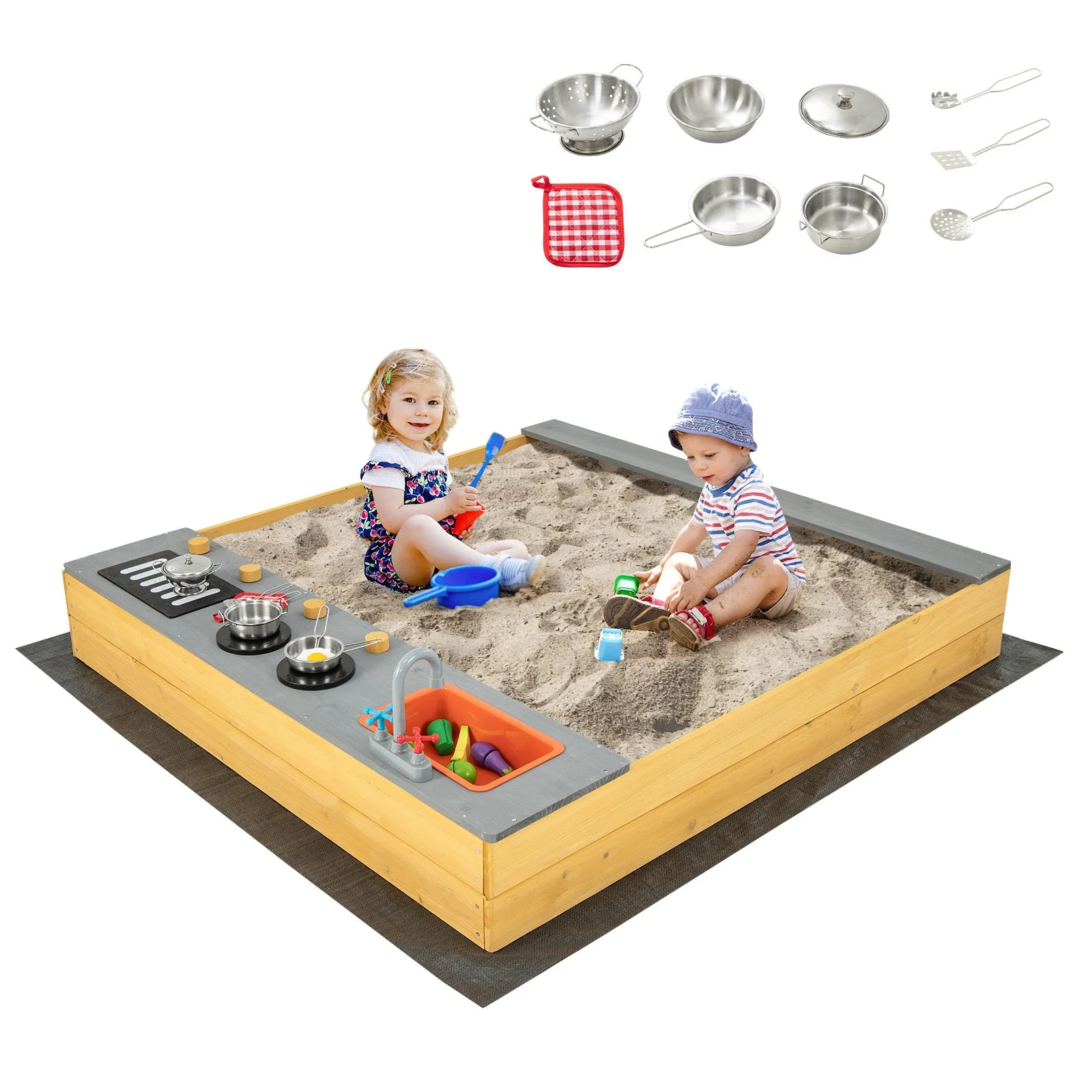 Wooden Sandbox Kids Sand Pit with Kitchen Playset Accessories for 3-8 Years Old - Image 4