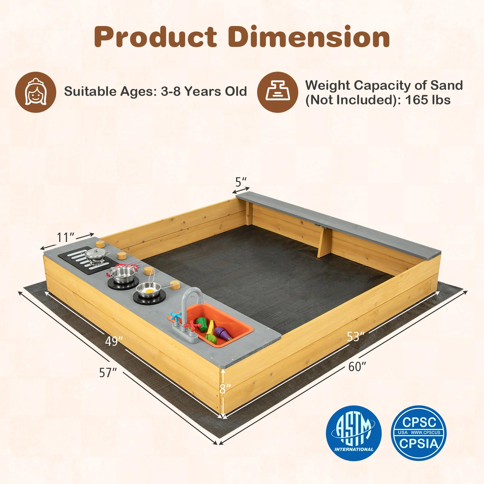 Wooden Sandbox Kids Sand Pit with Kitchen Playset Accessories for 3-8 Years Old - Image 5