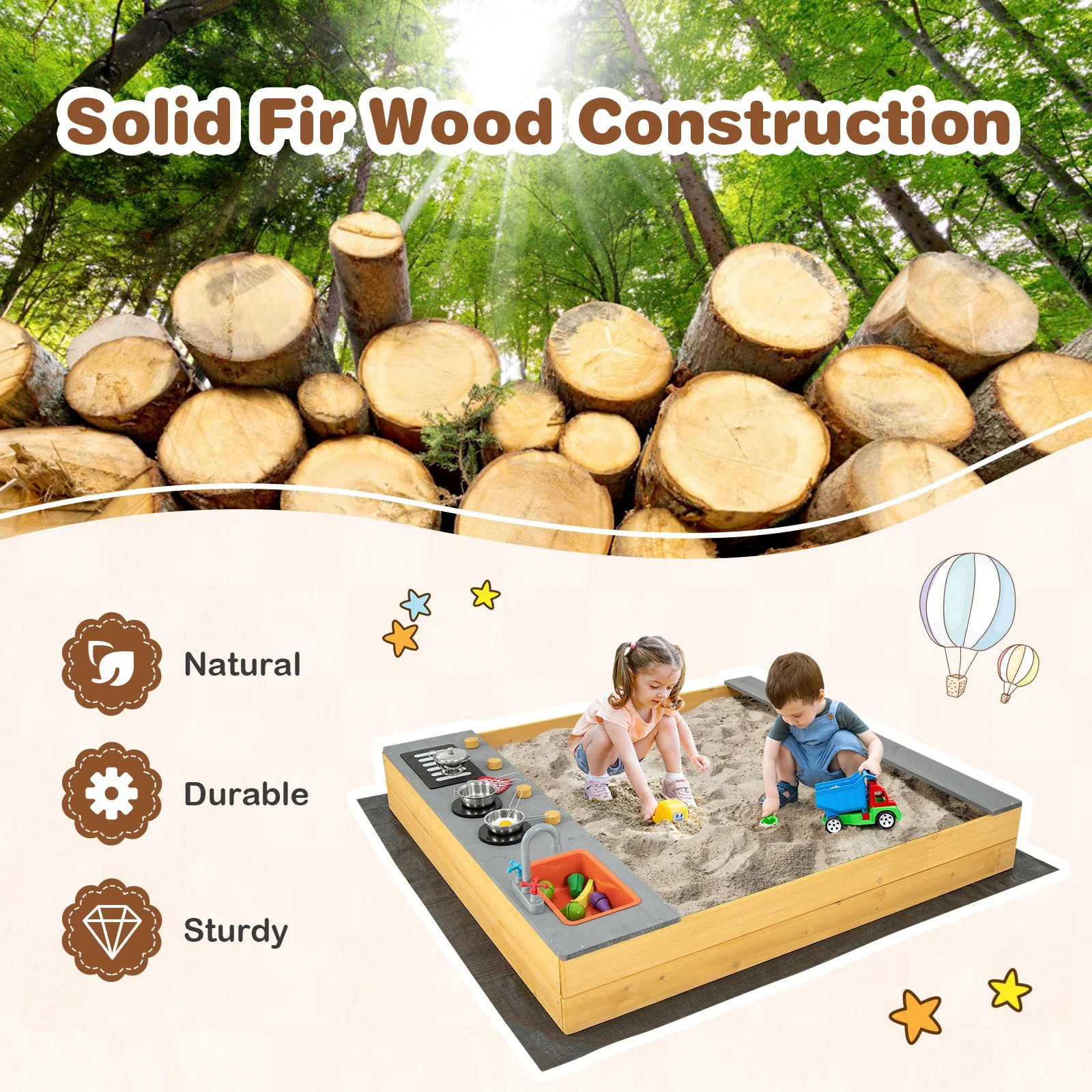 Wooden Sandbox Kids Sand Pit with Kitchen Playset Accessories for 3-8 Years Old - Image 6