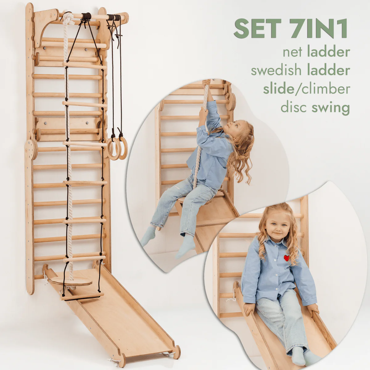 Wooden Swedish Wall / Climbing ladder for Children + Swing Set + Slide Board + Art Add-on - Image 3