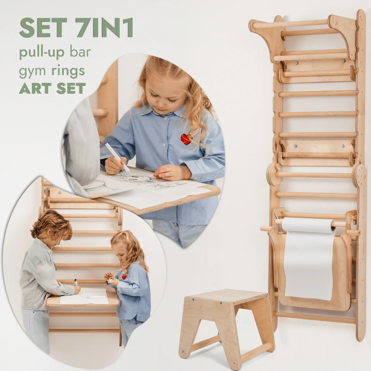 Wooden Swedish Wall / Climbing ladder for Children + Swing Set + Slide Board + Art Add-on - Image 5