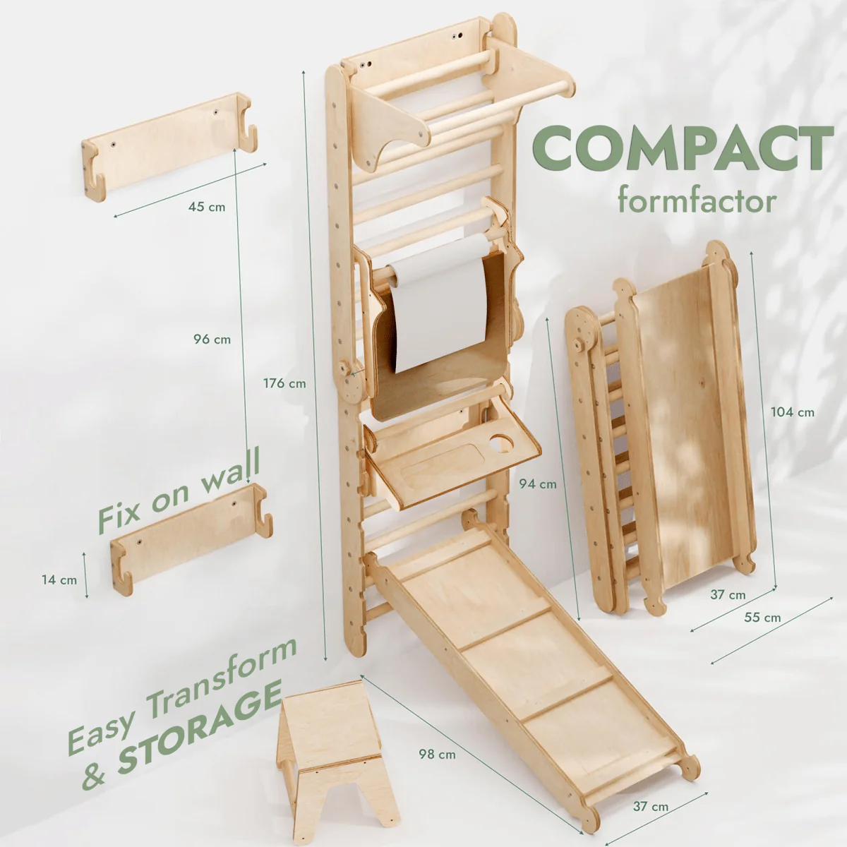 Wooden Swedish Wall / Climbing ladder for Children + Swing Set + Slide Board + Art Add-on - Image 2