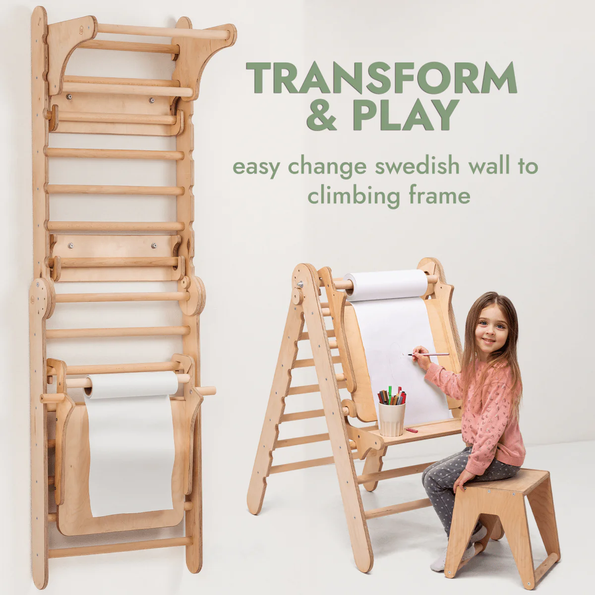 Wooden Swedish Wall / Climbing ladder for Children + Swing Set + Slide Board + Art Add-on - Image 4