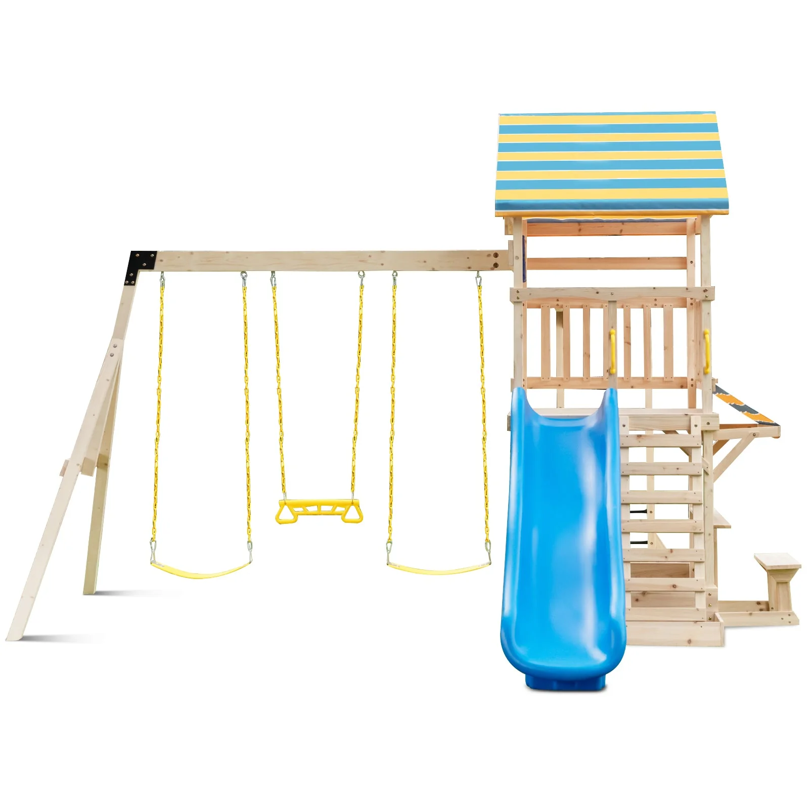 Wooden Swing Set with Large Upper Deck Slide and Steering Wheel - Image 2